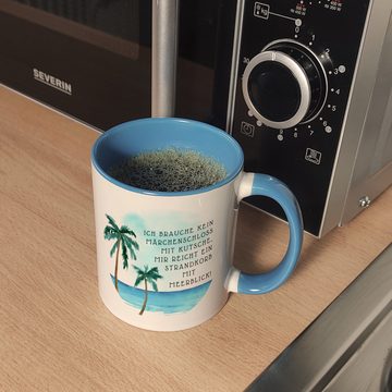 speecheese Tasse Strandkorb und Meerblick Kaffeebecher in hellblau mit Spruch