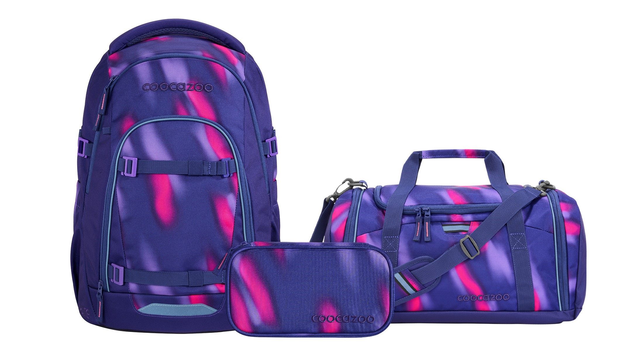 coocazoo Schulranzen Schulrucksack-Set MATE Aurora Glow 3-teilig (3-teilig), ergonomisch, Körpergröße: 135 - 180 cm, Easy-Grow-System