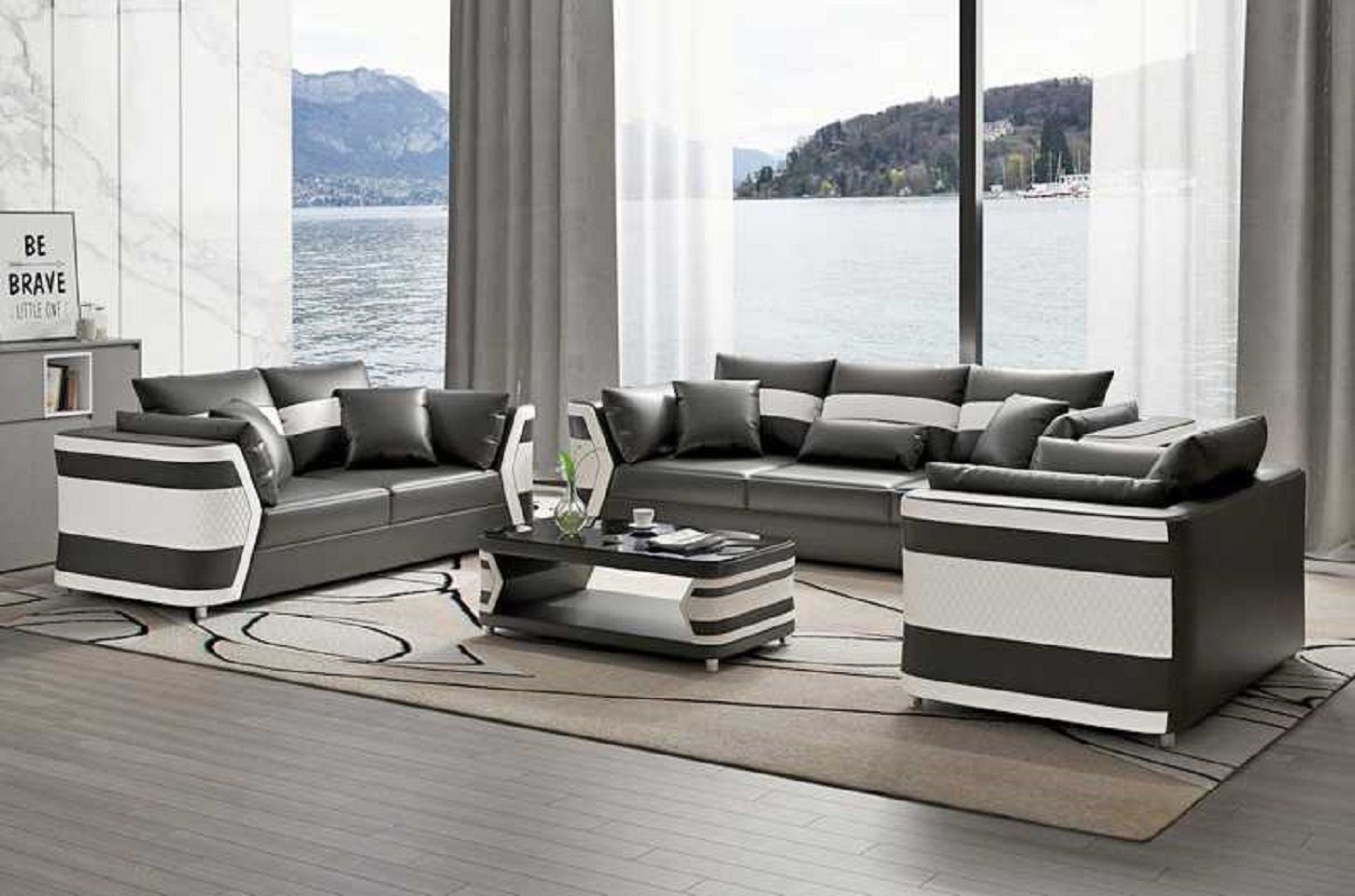 in Sofas Ledersofa Nur Sitzer (3-St., Sessel), JVmoebel Europe Grau Set, 3tlg Made + Wohnzimmer-Set Komplette Sofa Couchgarnitur Sofa Sofagarnitur 2+3