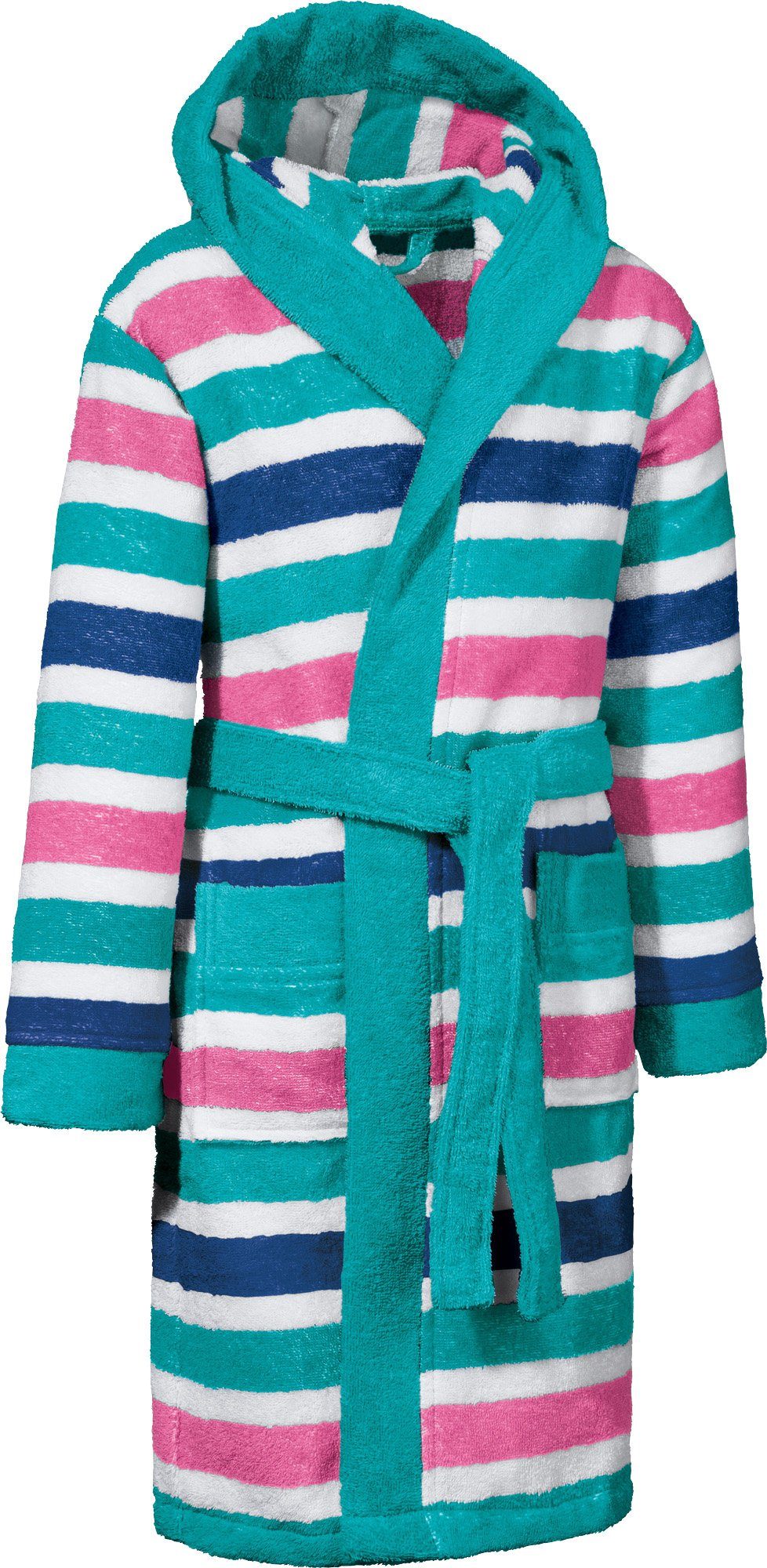 Erwin Müller Kinderbademantel Kinder-Bademantel mit Kapuze, Rückenlänge: 74 cm, Frottier, mit Kapuze/mit Aufsatztasche:, default, Walk-Frottier Streifen