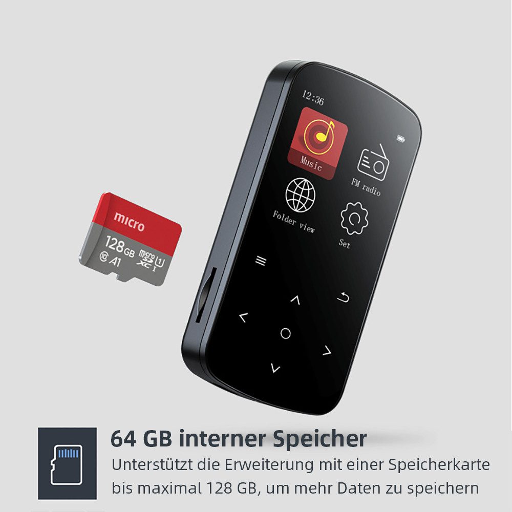 Tekoo MP3-Player mit Clip & Bluetooth, inkl. 64GB SD-Karte, FM-Radio MP3-Player (Bluetooth 4.2, Schrittzähler, Clip-Funktion, Fotoviewer)