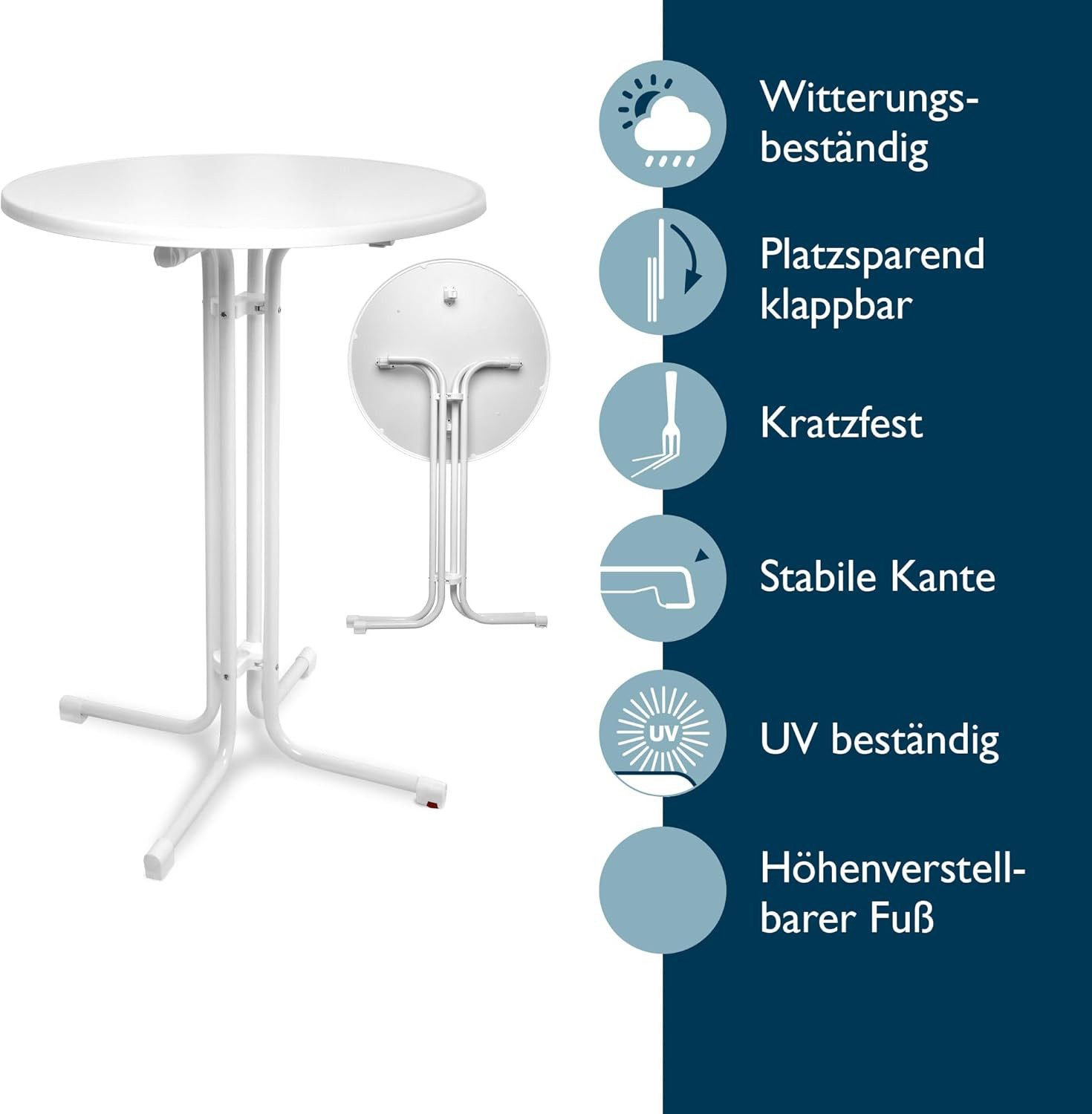 Beautissu Stehtisch Outdoor Stehtisch Bellini, klappbar, 3er Set, Ø80cm, Weiß, wetterfest – kratzfest – Gastro-Qualität