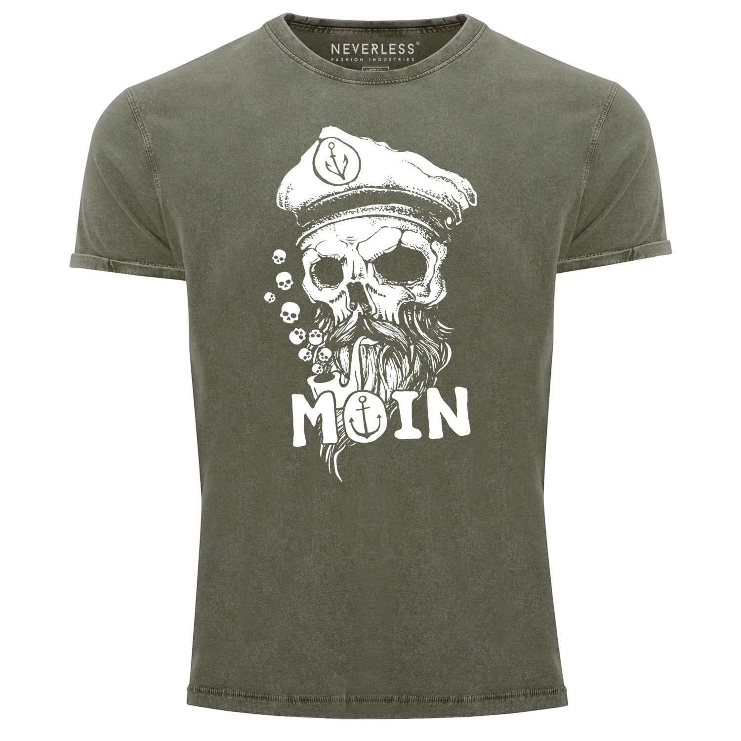 oliv Totenkopf Aufdruck Neverless® Moin Neverless Vintage Anker Herren Bart T-Shirt Printshirt mit Kapitän Hamburg Shirt Print Print-Shirt Used Look