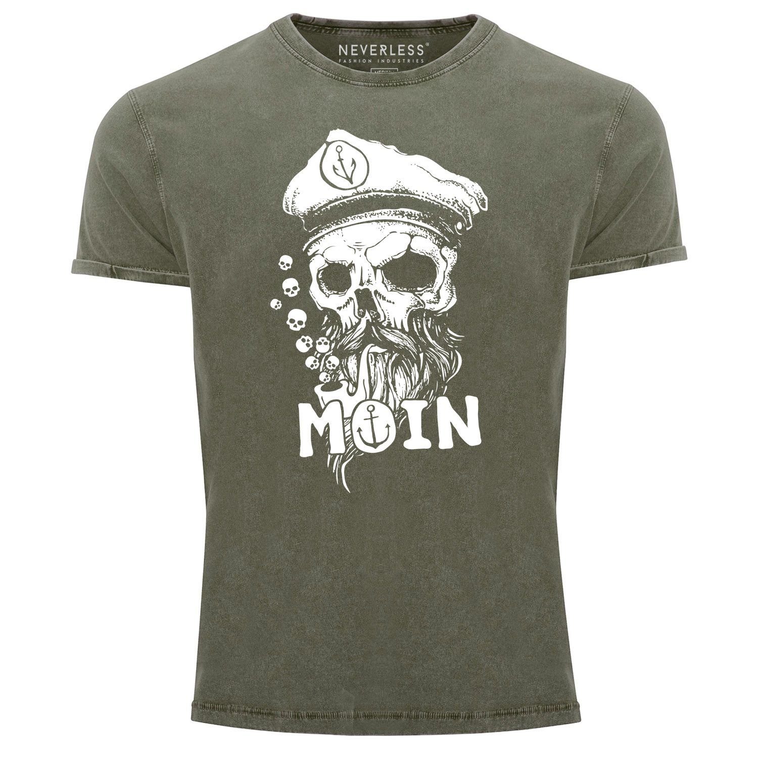 Neverless Print-Shirt Herren Vintage Shirt Moin Kapitän Totenkopf Anker Bart Hamburg Printshirt T-Shirt Aufdruck Used Look Neverless® mit Print oliv