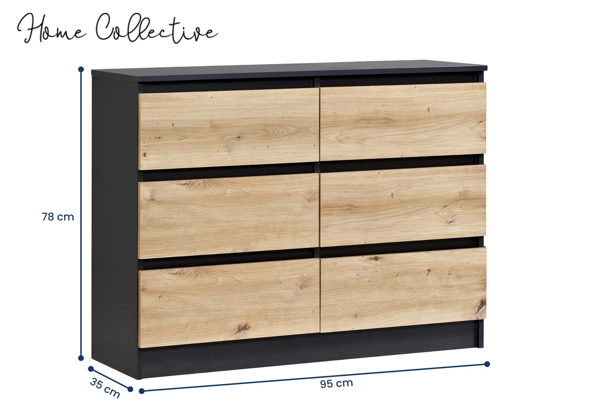 Home Collective Kommode mit 6 Schubladen 95, 120, 140, 160 cm breit Holz Schrank (Highboard Anrichte Schlafzimmer Wohnzimmer Flur Büro Organizer), Kommode 95 cm breit Kommode Sideboard, Anthrazit - Artisan Eiche