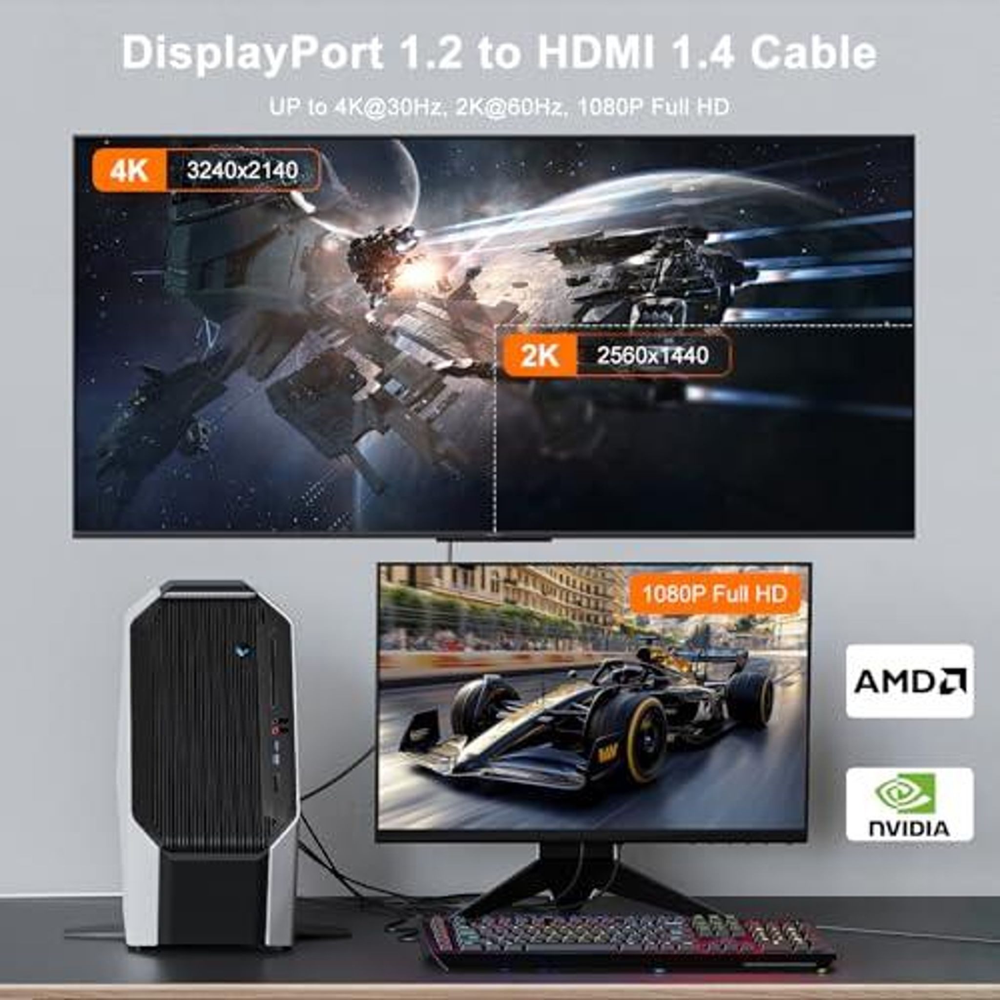 FELIXLEO 4K DisplayPort auf HDMI Kabel 2M DP1.2 HDMI1.4 Schwarz Audio- & Video-Kabel