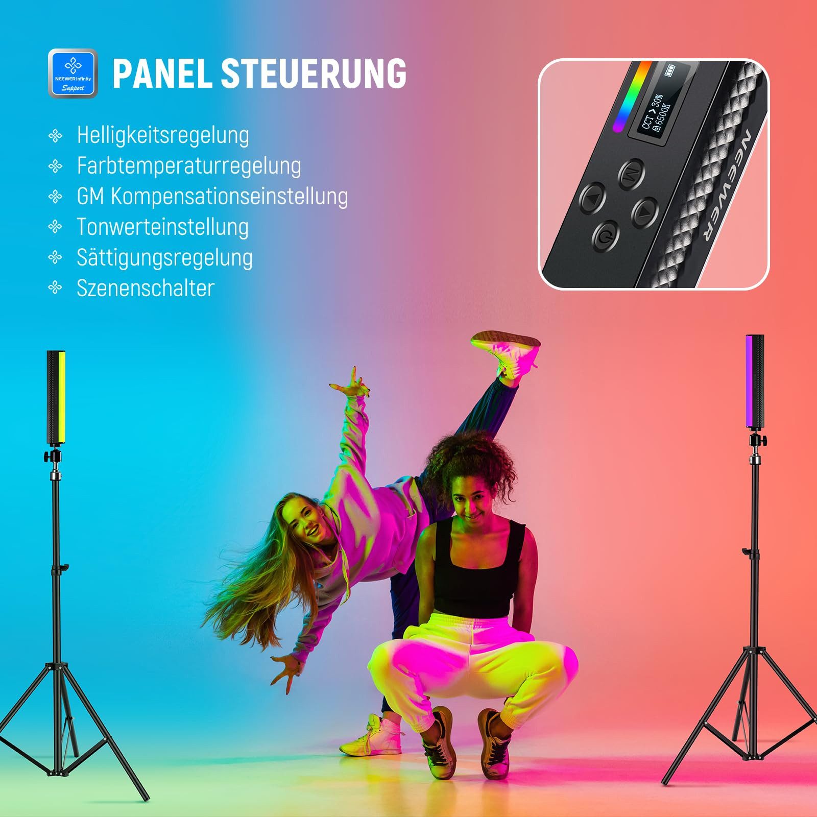Neewer Videoleuchte TL20C RGB Lichtstab, magnetische Handfotografie, Dimmbar, Vollfarbe, 2500K-8500K, 2550mAh Akku, Videolicht für YouTube TikTok Vlog