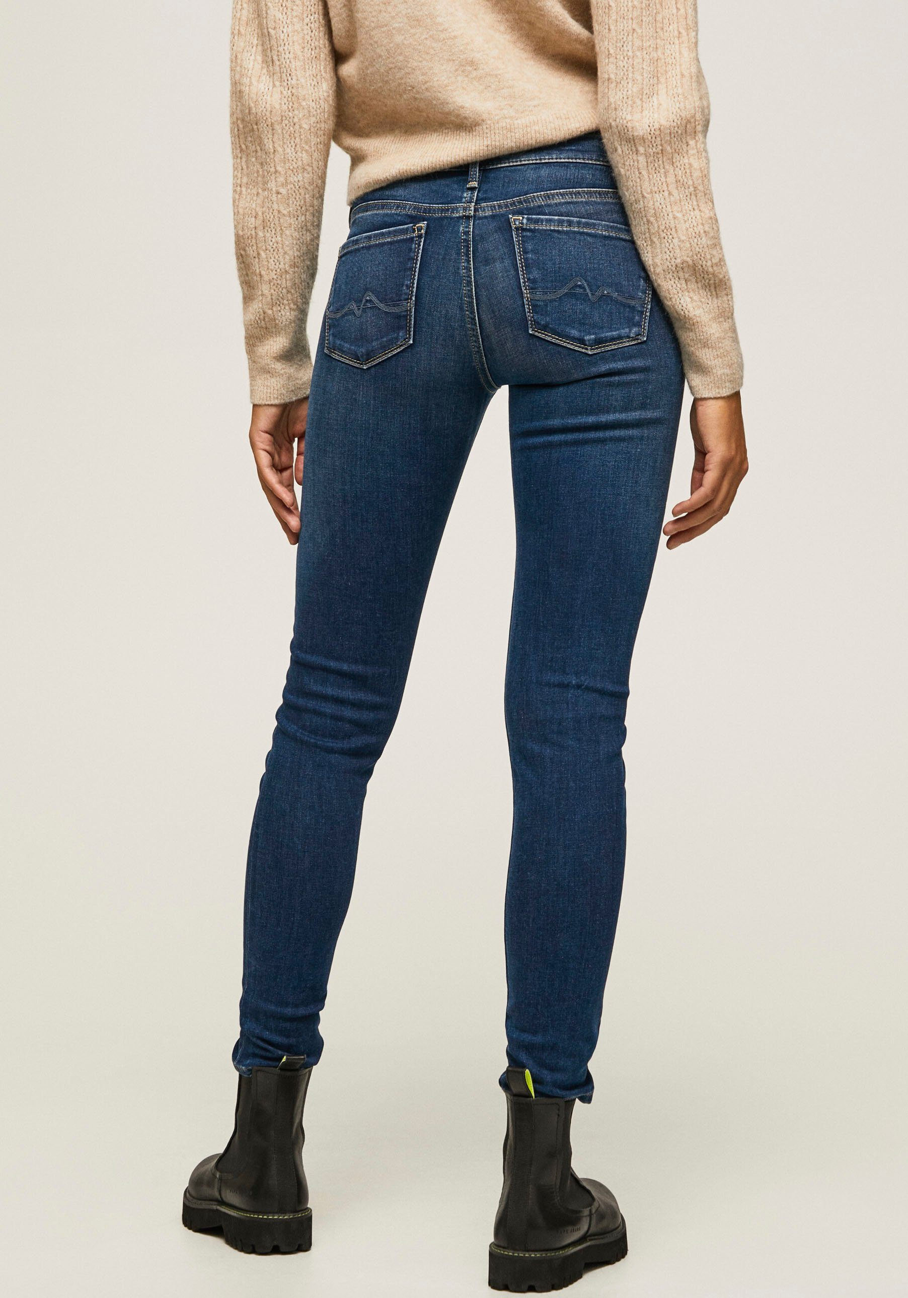 worn Jeans mit used 5-Pocket-Stil 1-Knopf Stretch-Anteil und dark Bund Pepe im SOHO Skinny-fit-Jeans