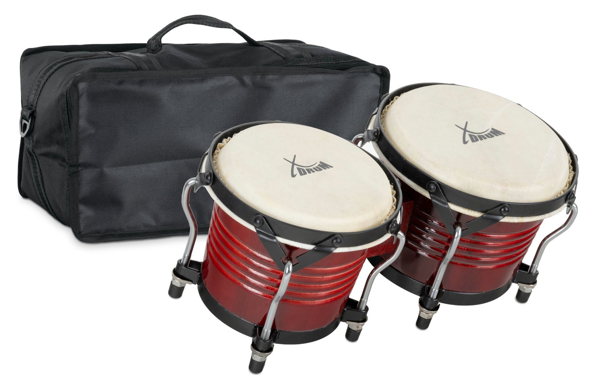 XDrum Bongo Bongos Pro - 2 Trommeln mit 6,5" (17 cm) und 7,5" (20 cm) Durchmesser - Bongotrommeln mit stimmbaren Naturfellen, Stimmschlüssel und Tasche - Holztrommeln