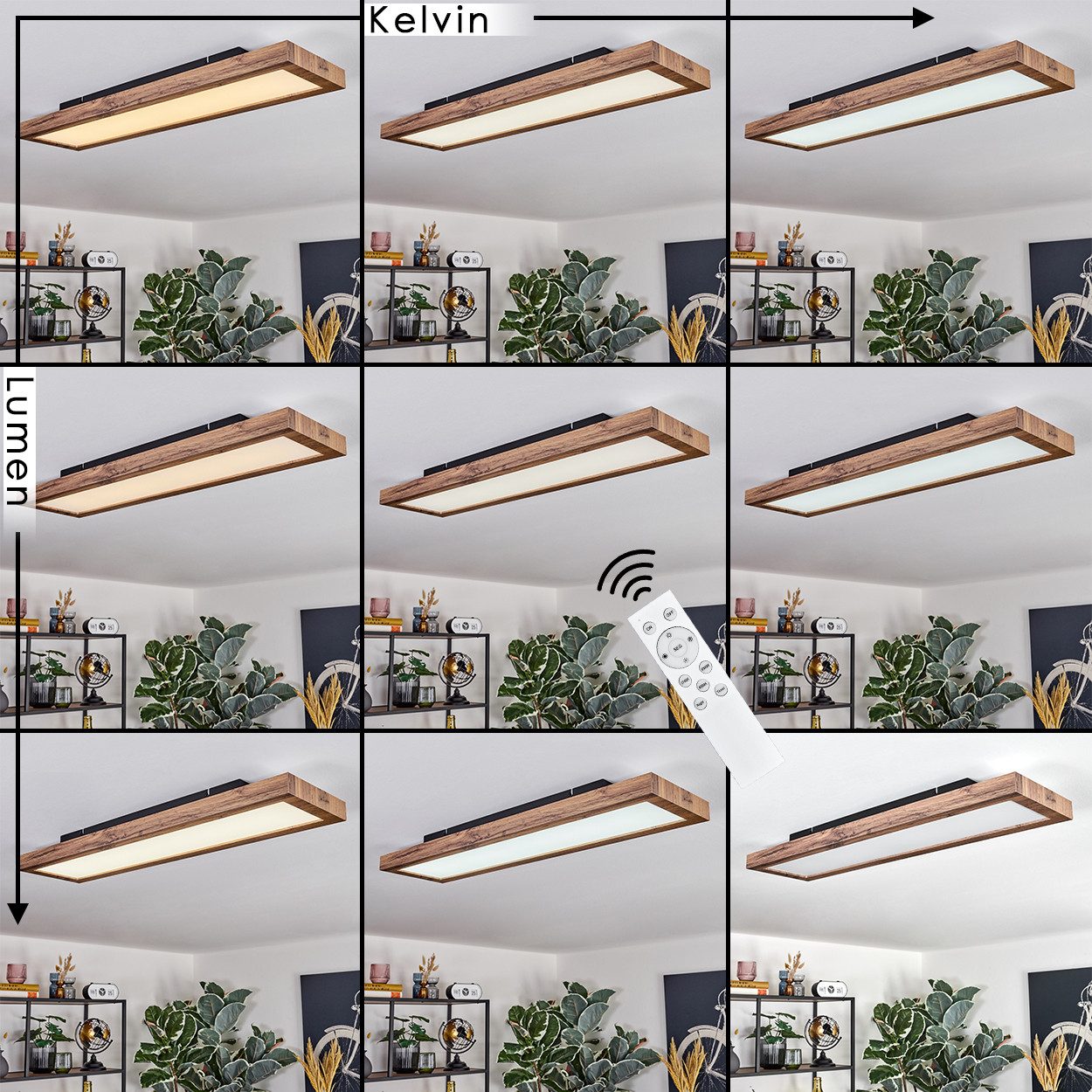 hofstein Deckenleuchte dimmbares Deckenpanel aus Metall/MDF in Schwarz/Holzoptik, LED wechselbar, 2700-6500 Kelvin, skandinavisches Design, mit Fernbedienung, 24 W, 250-2500 Lumen, CCT