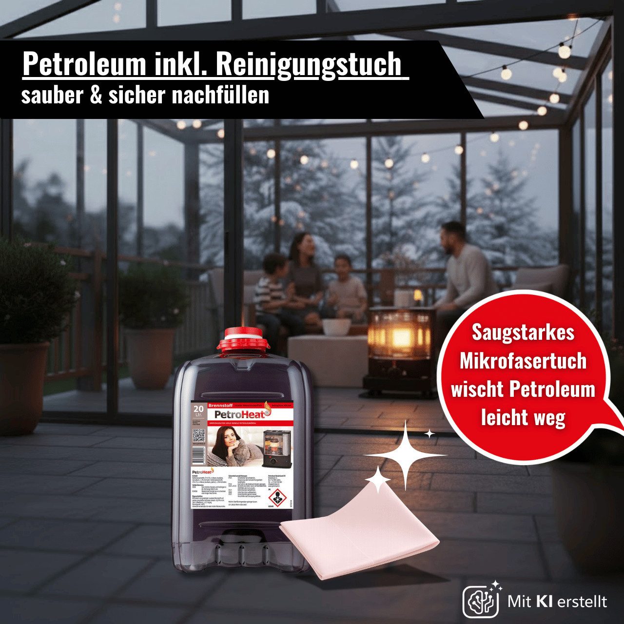 PetroHeat Petroleum 20 Liter Brennstoff geruchsarm für Petroleumofen, (inkl. Reinigungstuch), für mobile Petroleum-Heizung, Petroleumöfen