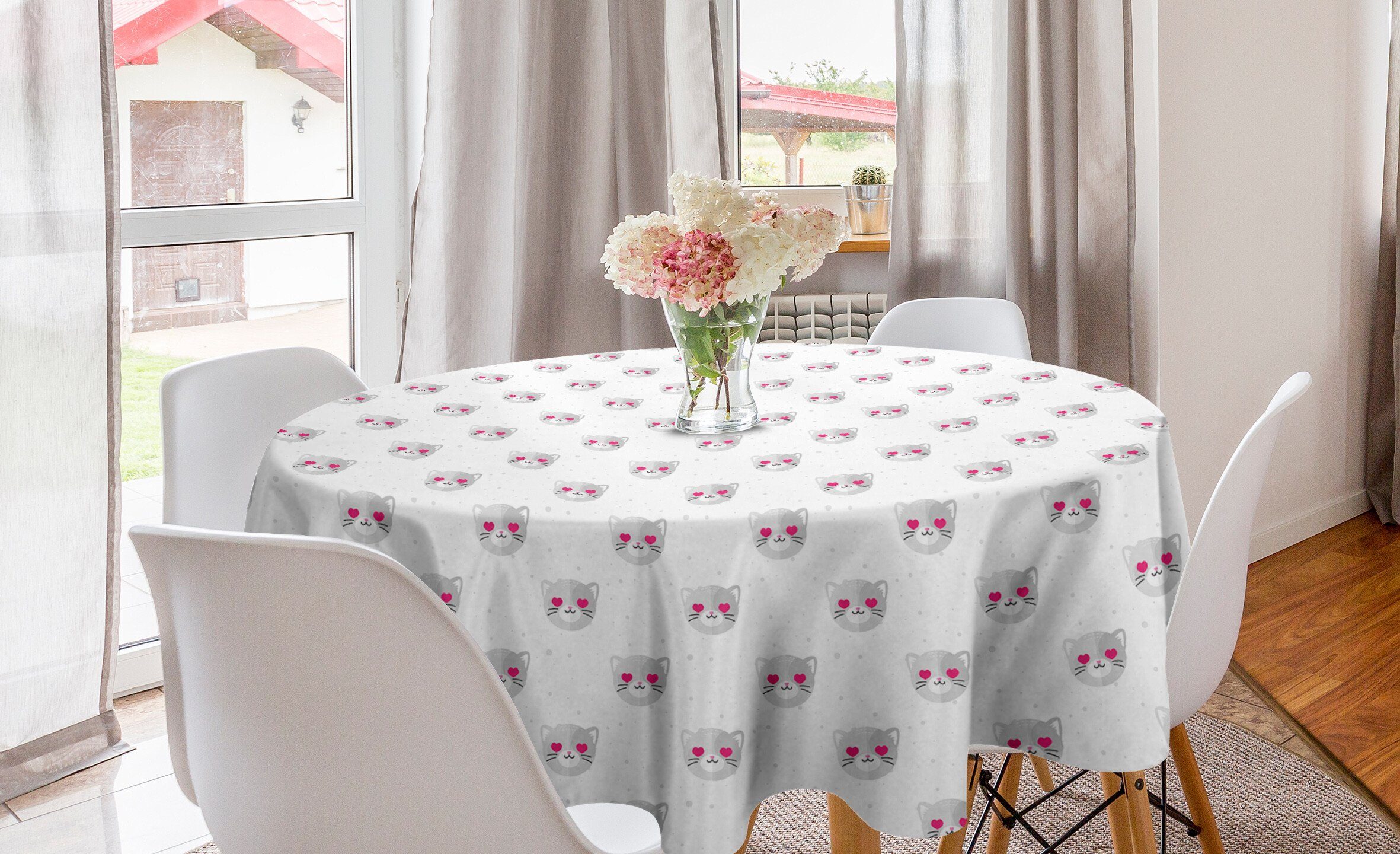 Abakuhaus Abdeckung Küche Kitty Gesichter rosa Tischdecke Dekoration, Kreis emoji Tischdecke für Esszimmer Herzen