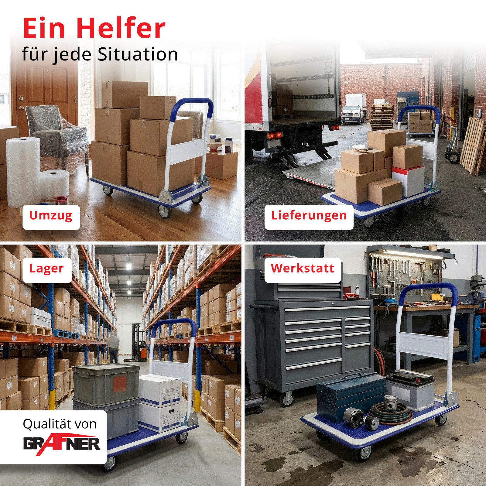 Grafner Transportkarren Grafner® Plattformwagen klappbar mit Softgrip-Griff Tragkraft 150kg Tr, klappbarer Handgriff, je 2 Block- und Drehrollen