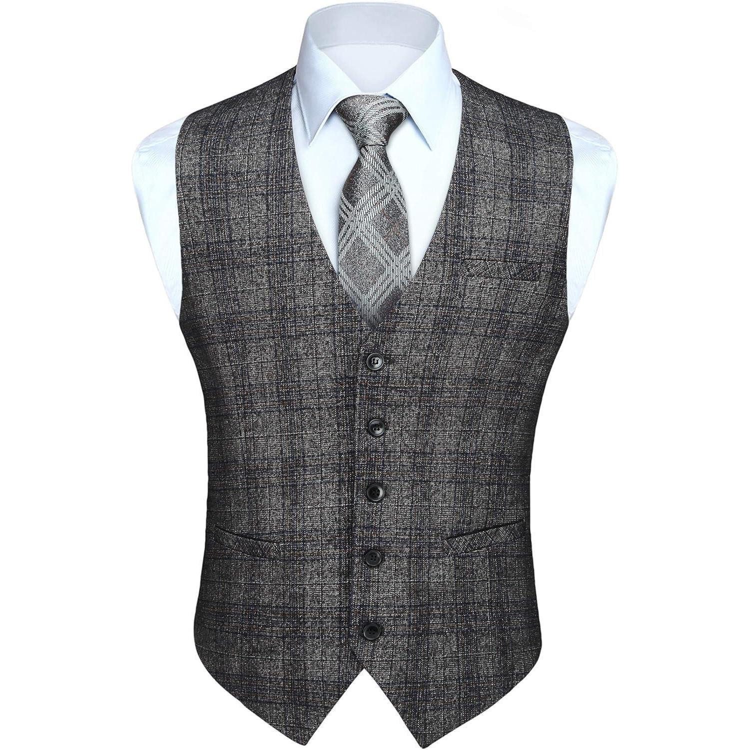 LuxusKollektion Krawatte Weste Herren karierte Hahnentritt Baumwolle Hochzeit L A2 Grau