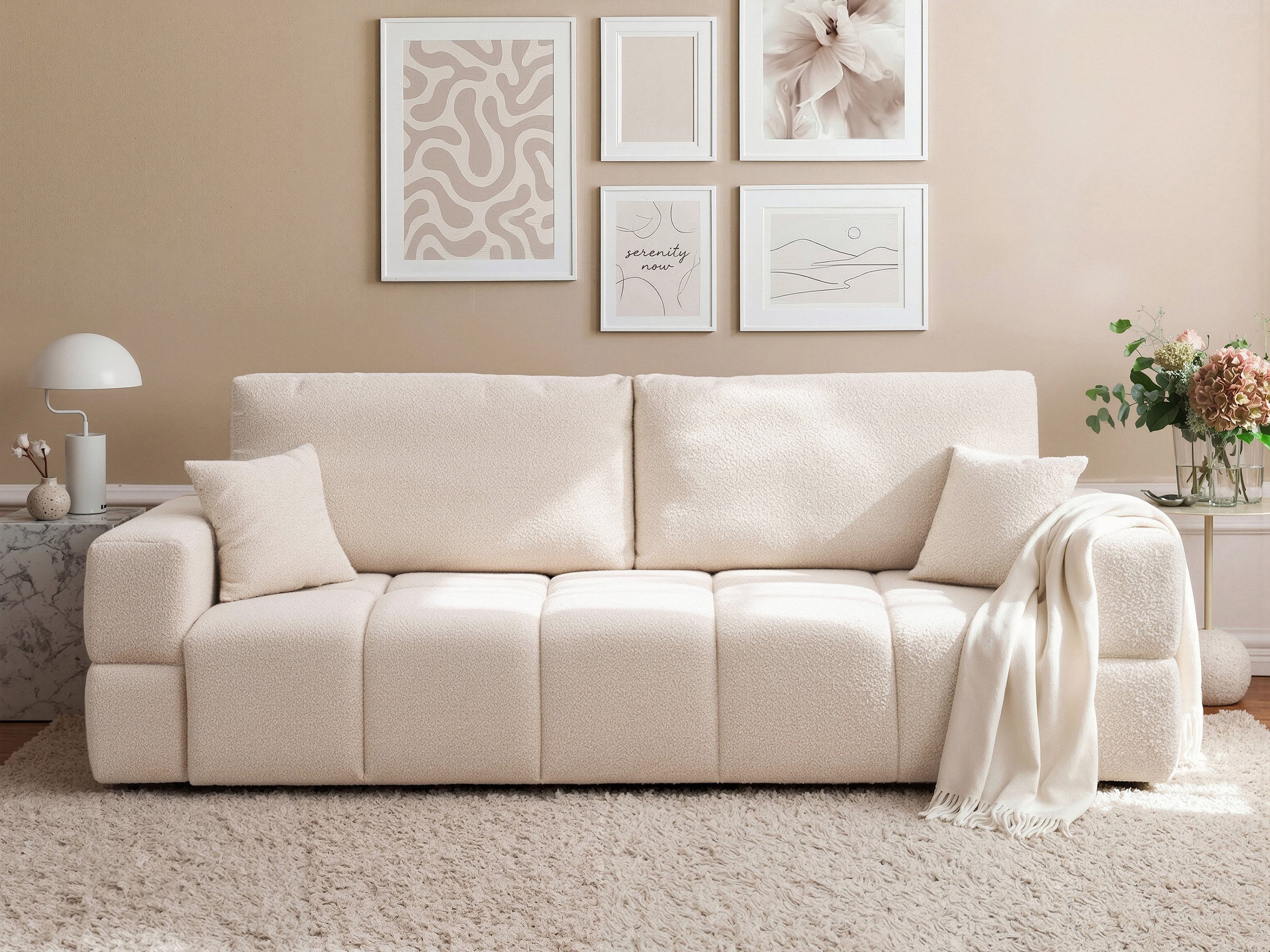 yourhouse24 Sofa BUENO in Trend-Bouclé – Mit Schlaffunktion & abnehmbaren Bezügen, mit Schlaffunktion und Bettkasten, Seite universal