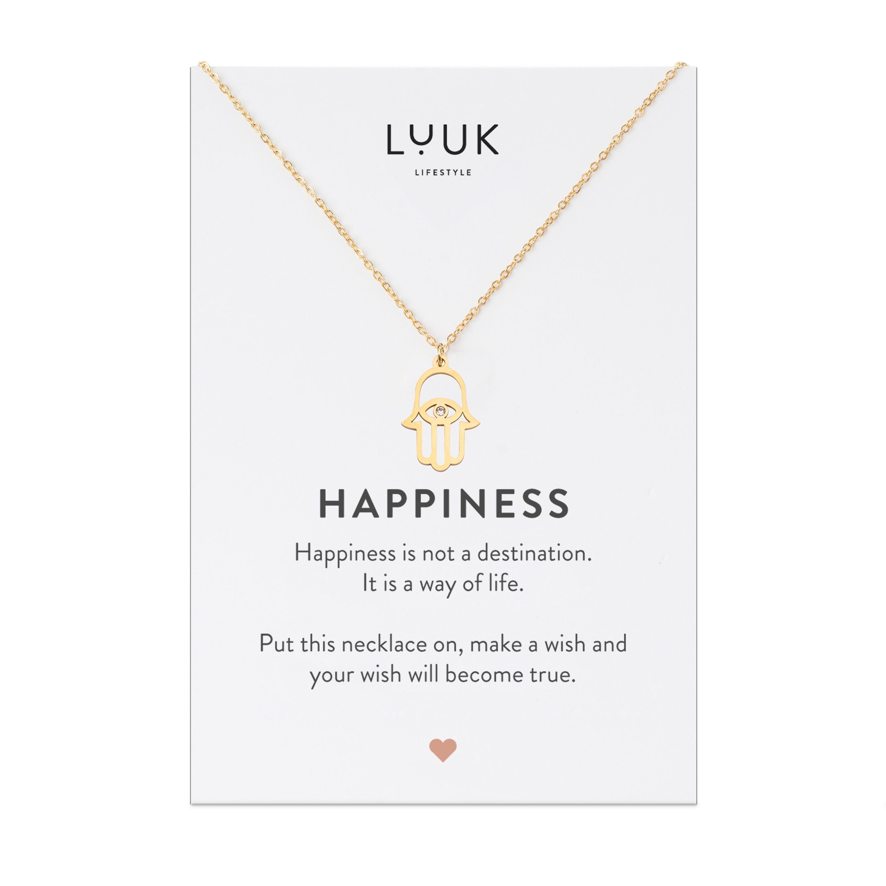 LUUK LIFESTYLE Kette mit Anhänger Hamsa Hand, Edelstahl, schicker und eleganter Stil, Hamsa Fatma Hand Anhänger und HAPPINESS Geschenkkarte, modernes und minimalistisches Modeaccessoire für sie, Gold