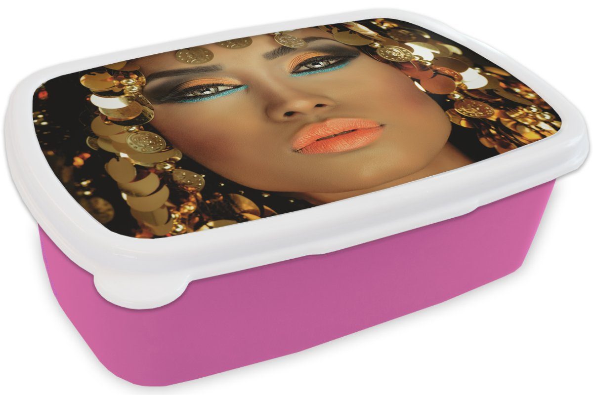 - für MuchoWow Brotbox Kinder, - rosa Kunststoff Lunchbox (2-tlg), Mädchen, Kleopatra - Kunststoff, Gold Make-up Snackbox, Brotdose - Luxus, - Schmuck Erwachsene, Frau