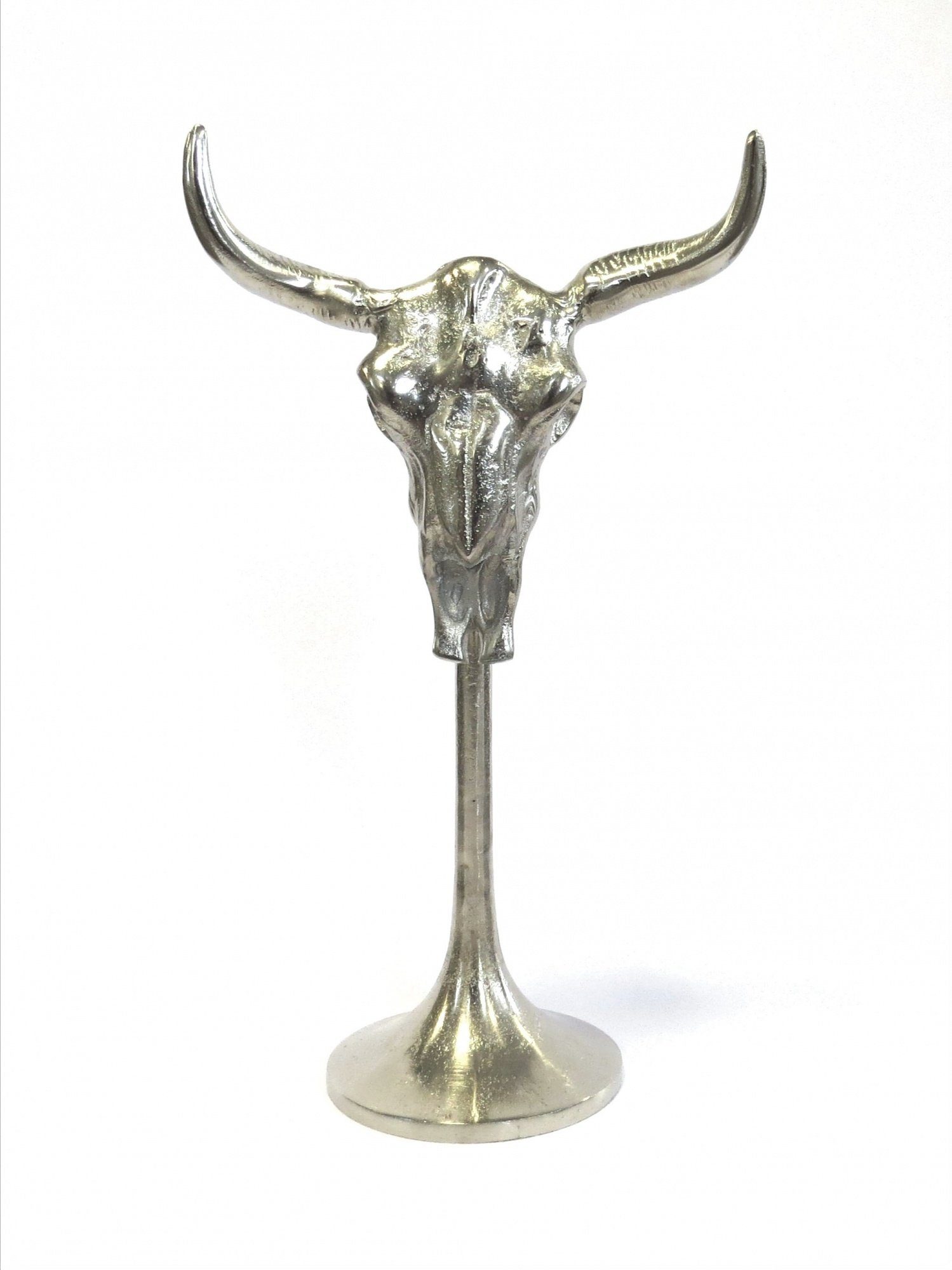 Dekofigur Stier Schädel Bullen Kopf Standfigur Skulptur Metall Silber 43 cm