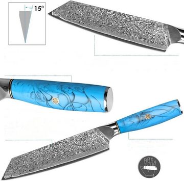 KingLux Damastmesser Damast Kiritsuke Küchenmesser aus VG10 Damaststahl Blau Harzgriff
