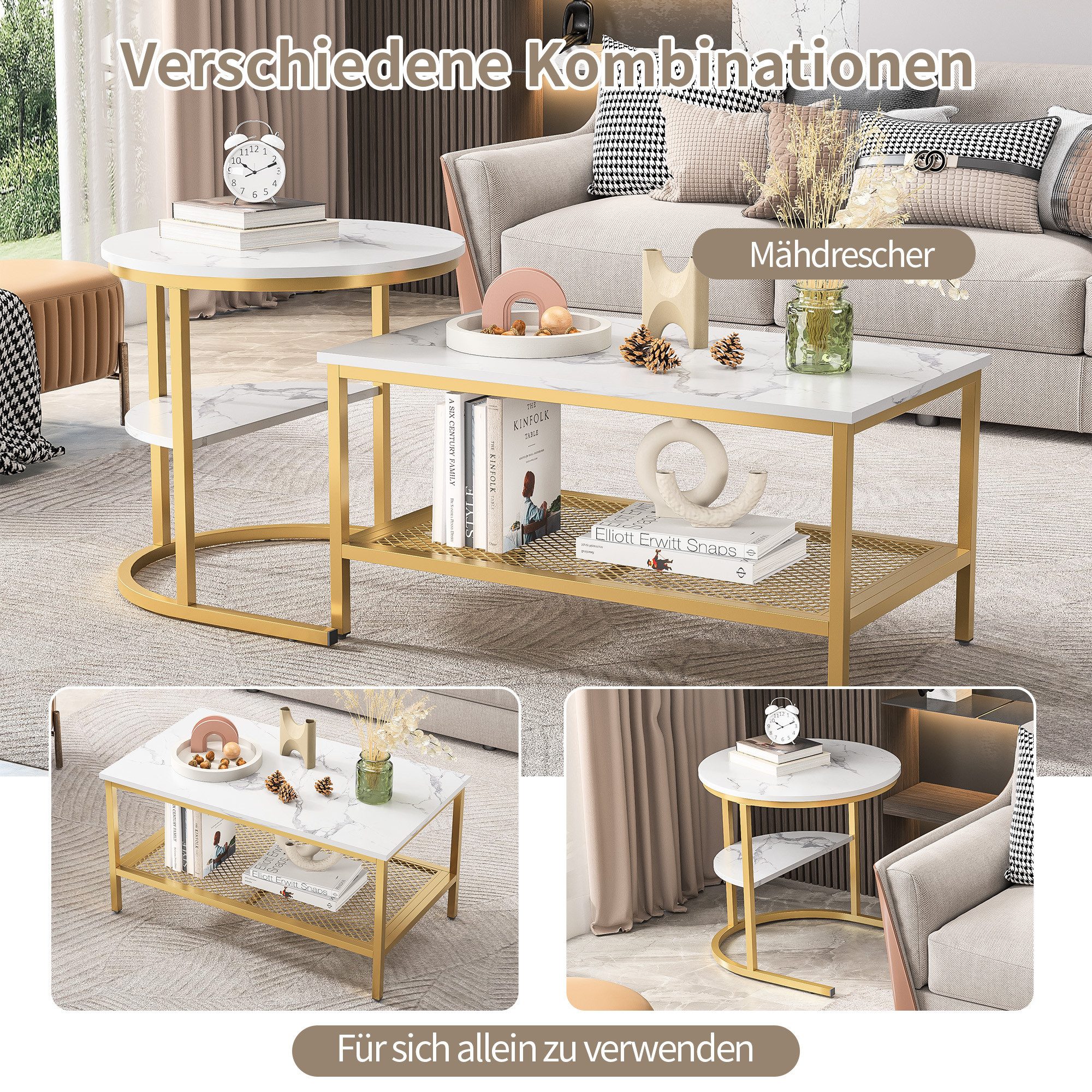 FUROKOY Couchtisch Beistelltisch Sofatisch wohnzimmertisch kaffeetisch 2er set (Runder und quadratischer Tisch, gold), Modern design Couchtisch,Marmoroptik – Bild 3 von 5