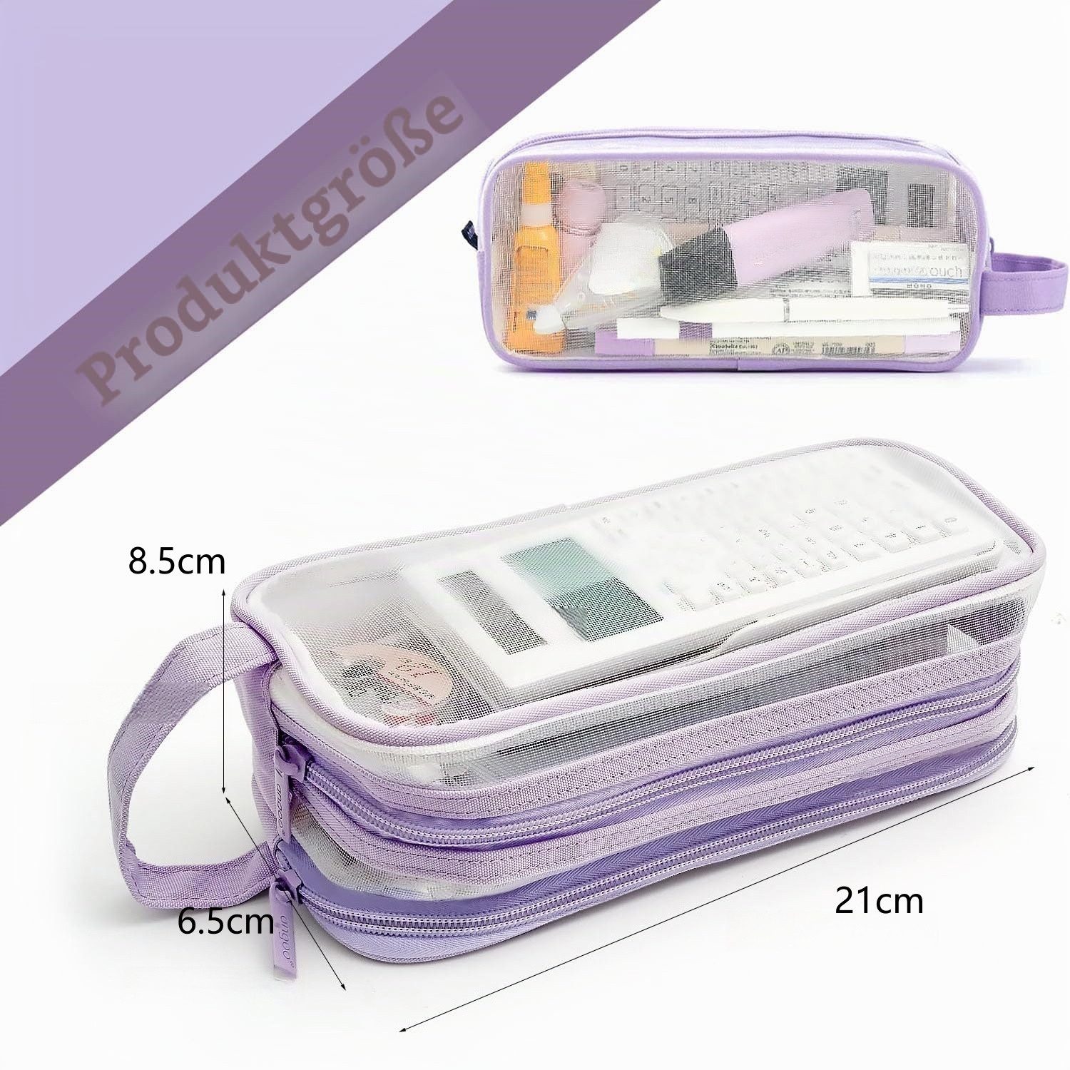 FOUORTUNATE-BEE Federmäppchen Transparentes Federmäppchen XXL 2 Fächer Stifteetui mit Griff, Für Schule Büro Reise Kosmetik Zubehör Organizer Transparent Tasche