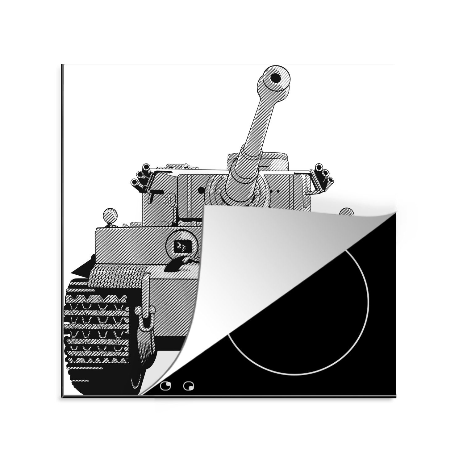 MuchoWow Herdblende-/Abdeckplatte Illustration eines grauen Tanks, Vinyl, (1 tlg), 78x78 cm, Ceranfeldabdeckung, Arbeitsplatte für küche
