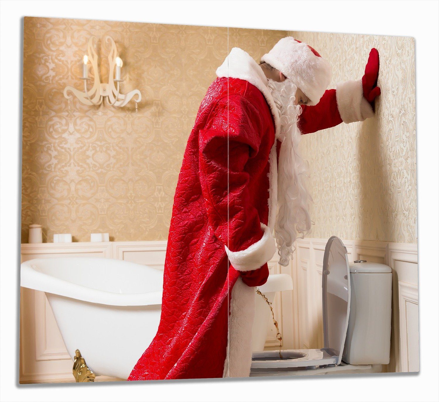 Wallario Herd-Abdeckplatte Weihnachtsmann macht Pause und pinkelt auf edler Toilette, ESG-Sicherheitsglas, (Glasplatte, 2 tlg., inkl. 5mm Noppen), verschiedene Größen