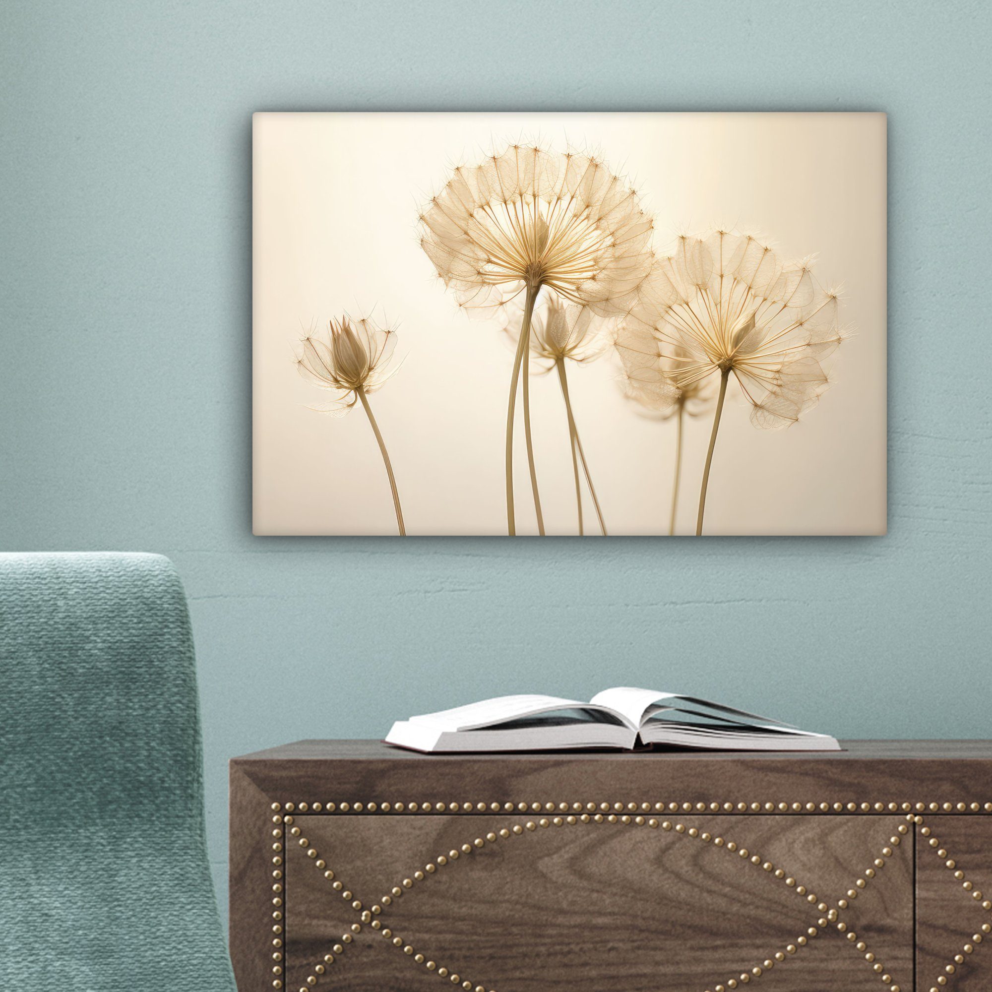 Blumen, Leinwandbilder, - Botanisch Aufhängefertig, cm - St), Wandbild Löwenzahn 30x20 - Leinwandbild OneMillionCanvasses® Wanddeko, (1 Sonnenlicht