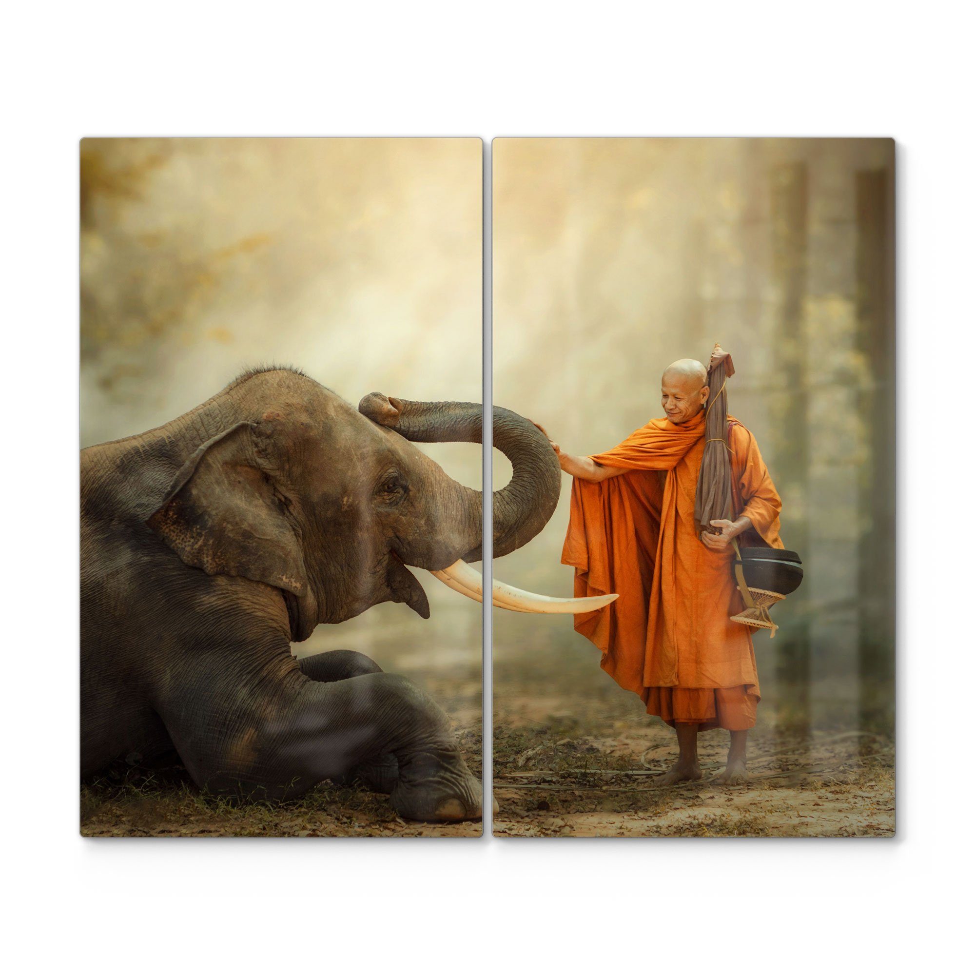 DEQORI Herdblende-/Abdeckplatte 'Buddhist berührt Elefant', Glas, (2 tlg), Glas Herdabdeckplatte Ceranfeld Herd