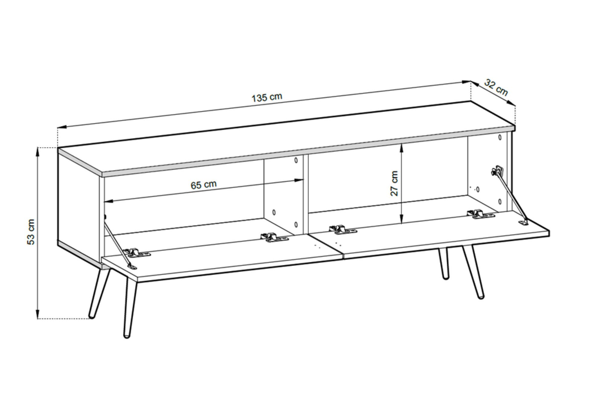 MOEBLO TV-Board DAYN NEW (Lowboard Fernsehtisch TV Bank TV Tisch Fernseher Tisch TV Möbel, goldene/schwarze Metallbeine), 135/175x30x32