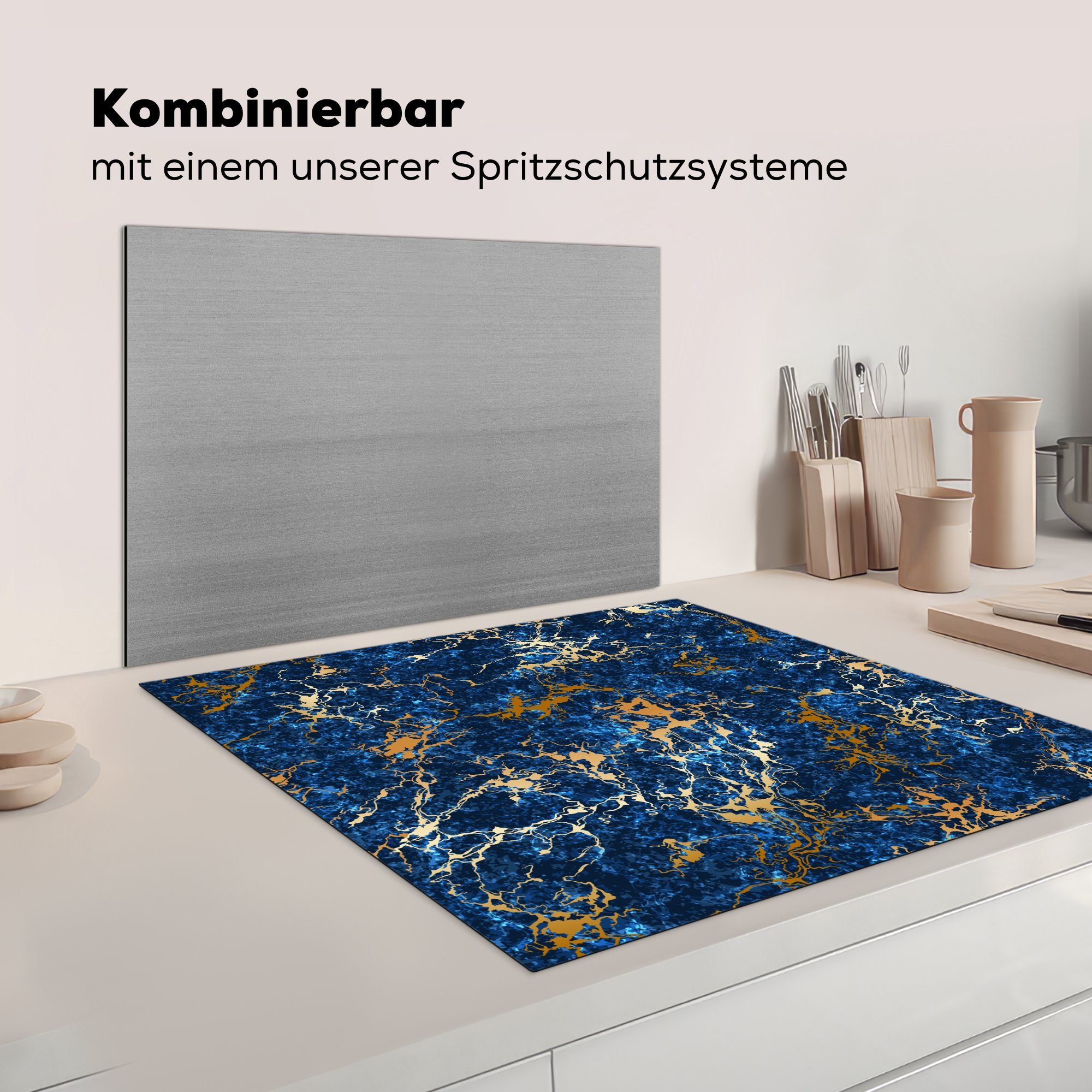 Arbeitsplatte Marmor 78x78 für tlg), - Herdblende-/Abdeckplatte (1 küche Textur - Blau, MuchoWow Gold - Vinyl, Ceranfeldabdeckung, cm,