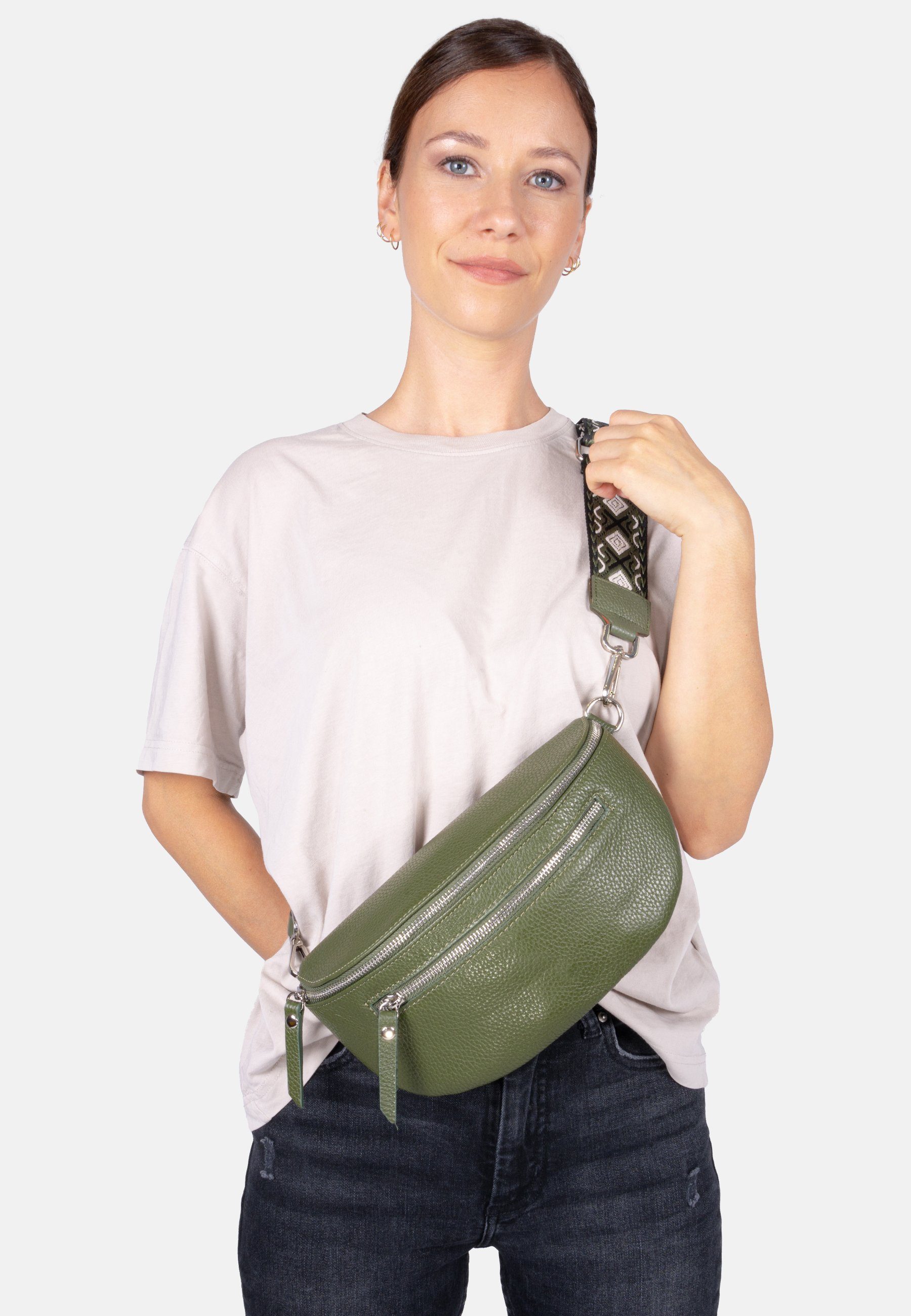 Seasons of April Umhängetasche Crossbody Bag Pia, Mittelgroße Umhängetasche aus 100% Leder mit breitem Gurt und 2 Zipper Olivgrün