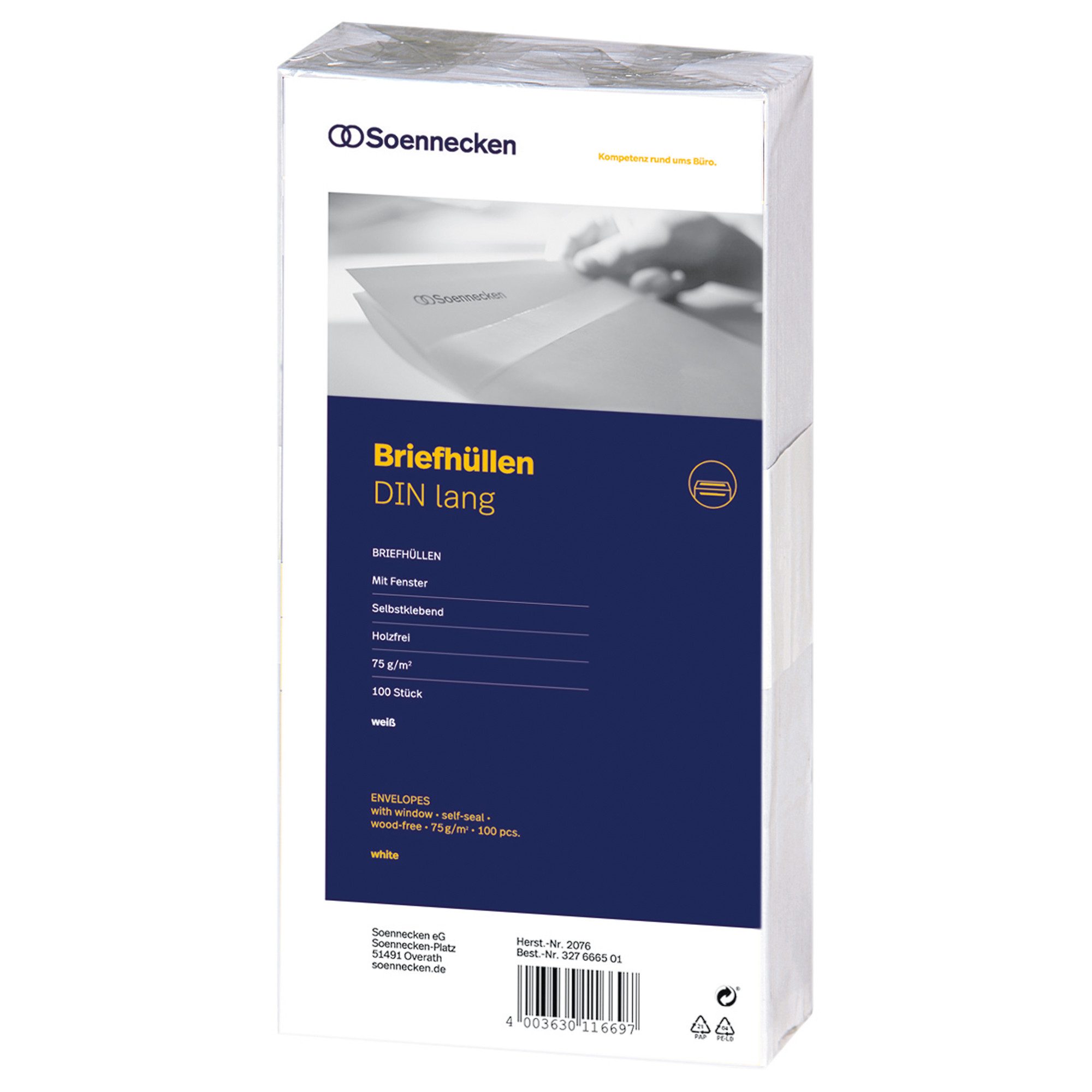 Soennecken Briefumschlag Din lang mit Fenster selbstklebend weiß 75g, PA= 100Stk