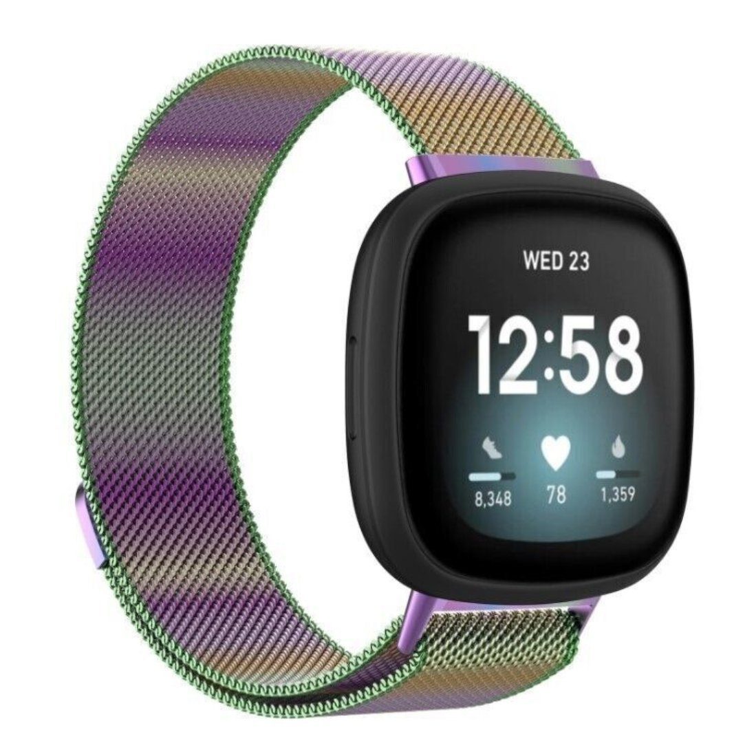 SmartUP Uhrenarmband stufenlos Uhrenarmband 4 Regenbogen Atmungsaktiv, Milanese, für verstellbar Magnetisches Edelstahl Design, zeitloses Fitbit Versa