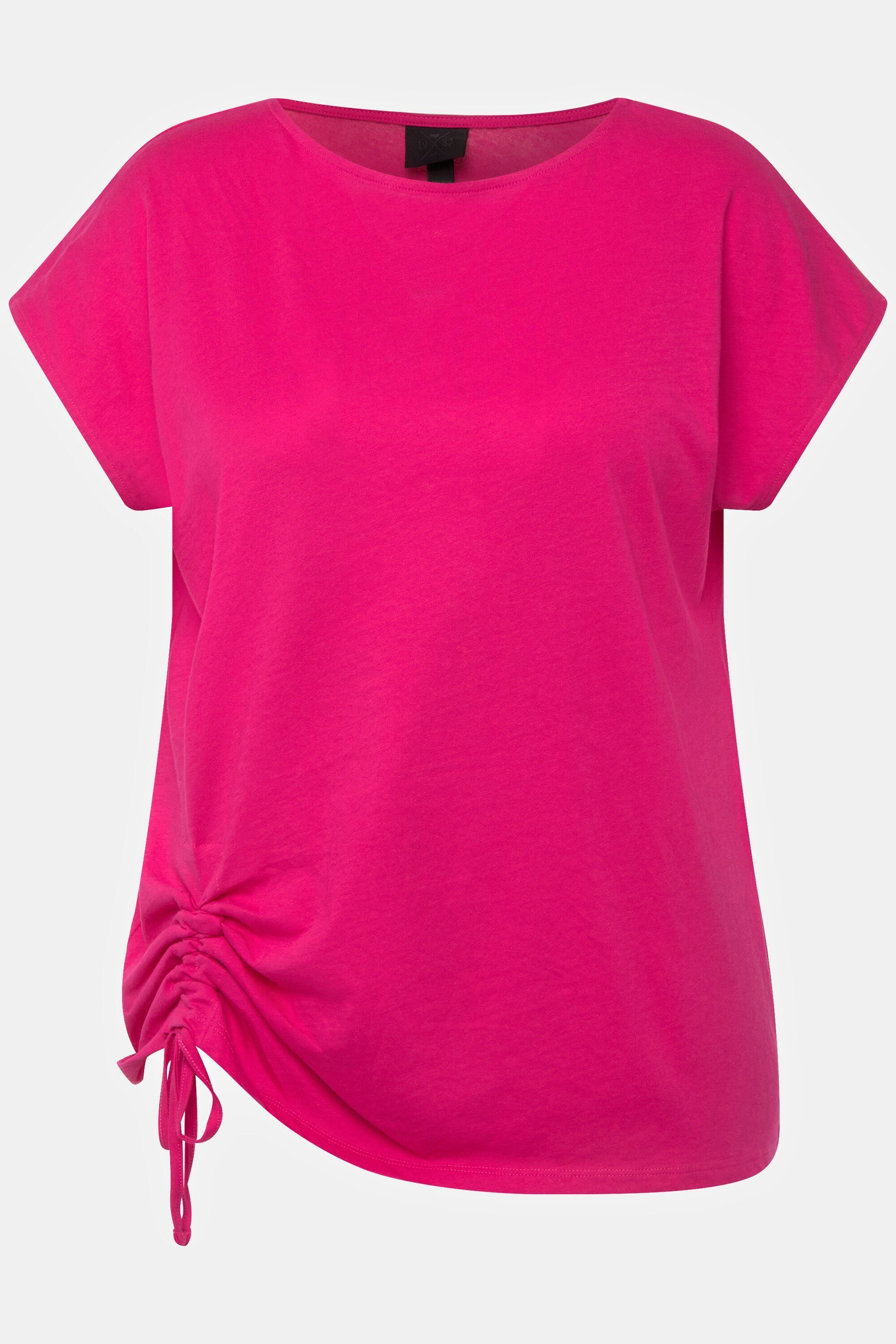 Ulla Popken Rundhalsshirt T-Shirt Halbarm Saum-Raffband pink Rundhals