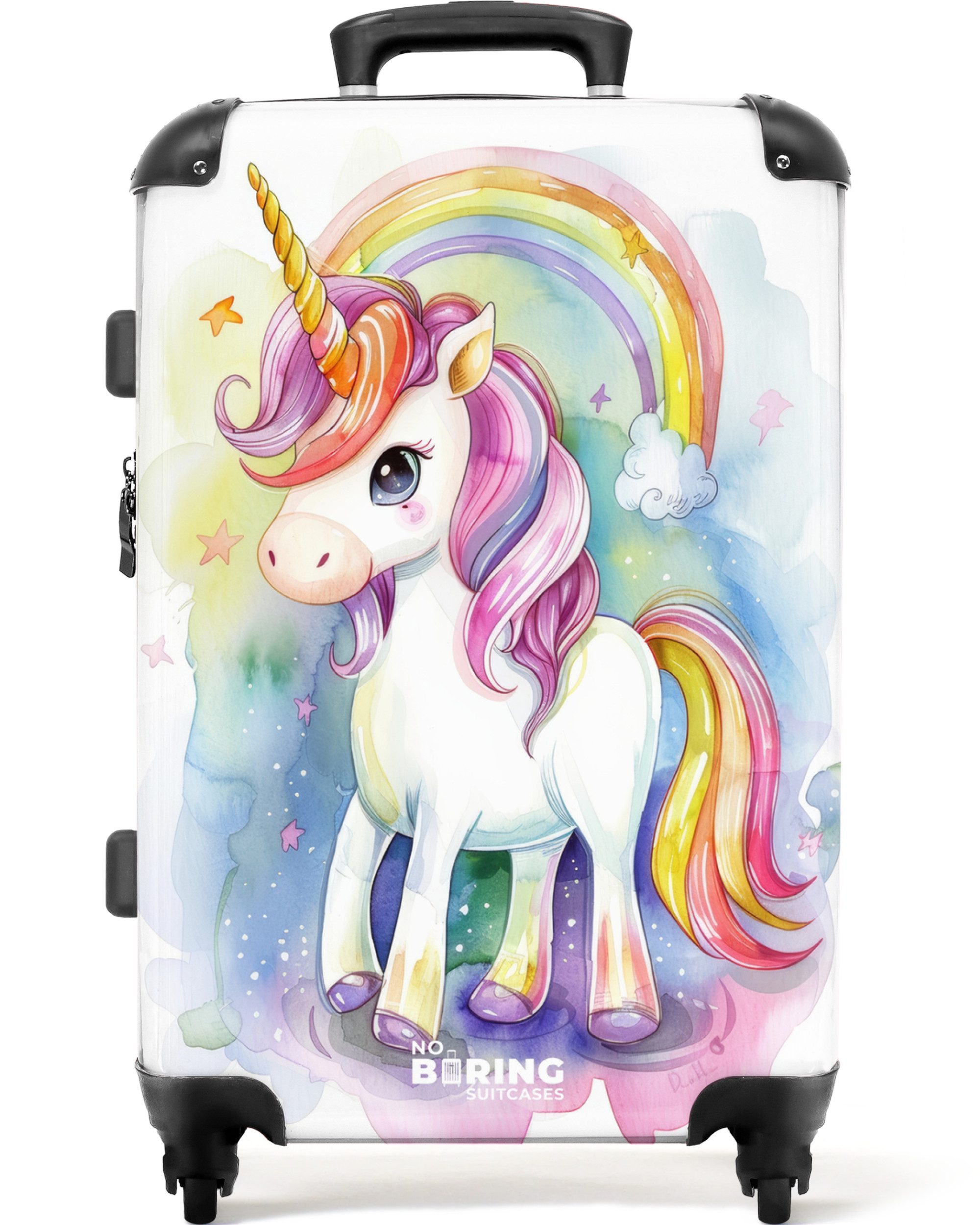 NoBoringSuitcases.com© Kinderkoffer mit leuchtende Räder - Einhorn - Regenbogen - Farbenfroh 67 cm - 72 L, 4 Rollen, Koffer Mittelgroß für 20kg, Suitcase für Erwachsene, Reisekoffer