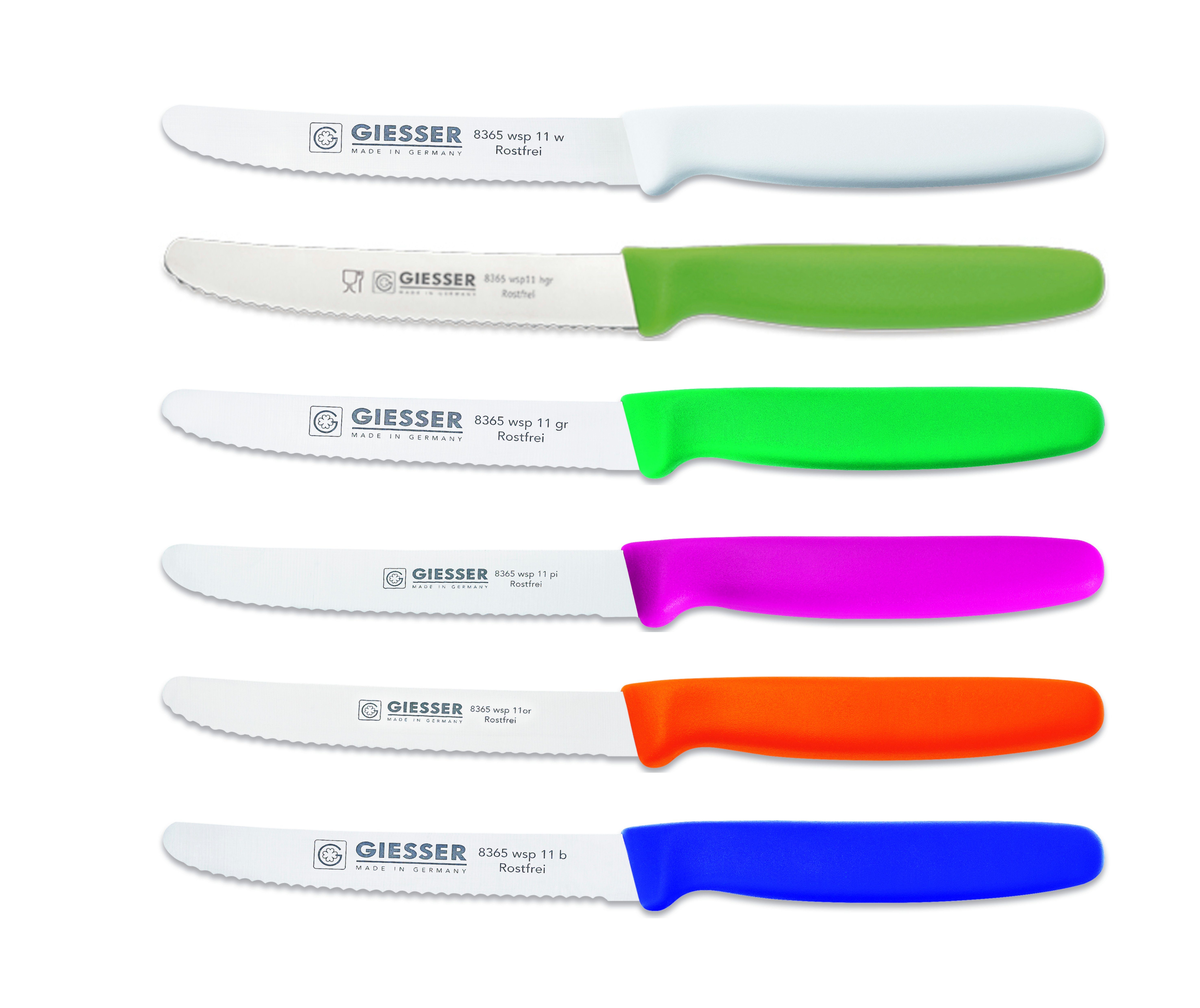 Giesser Messer Tomatenmesser Brötchenmesser 8365 wsp 11-6, 6er Set bunt gemischt; 3mm Wellenschliff; extrem Scharf w-hgr-gr-pi-or-b