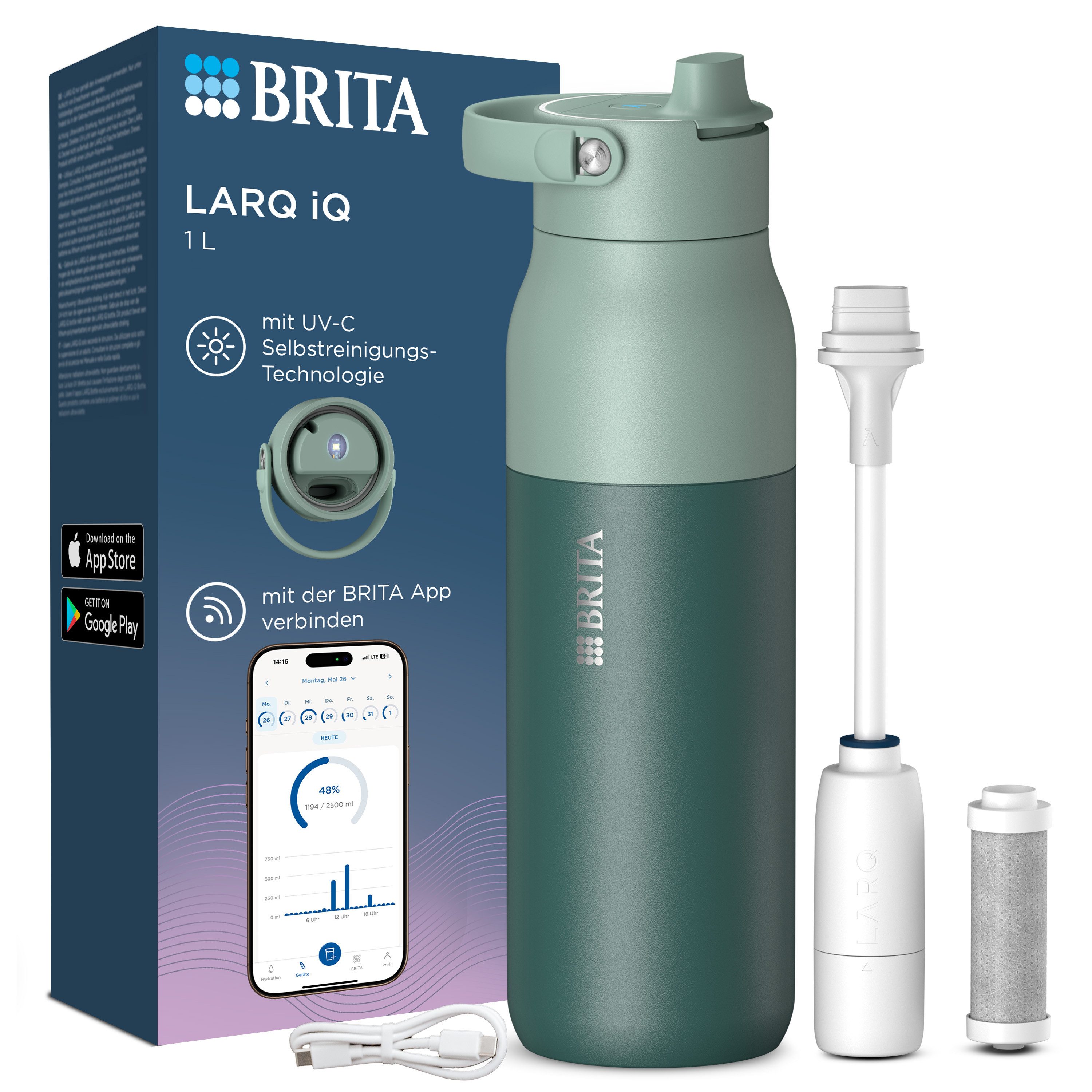 BRITA Trinkflasche BRITA LARQ iQ Digitale Filter Trinkflasche (1000 ml), inkl. Hydration Tracking (App), Aktivkohle Wasserfilter & UV-C