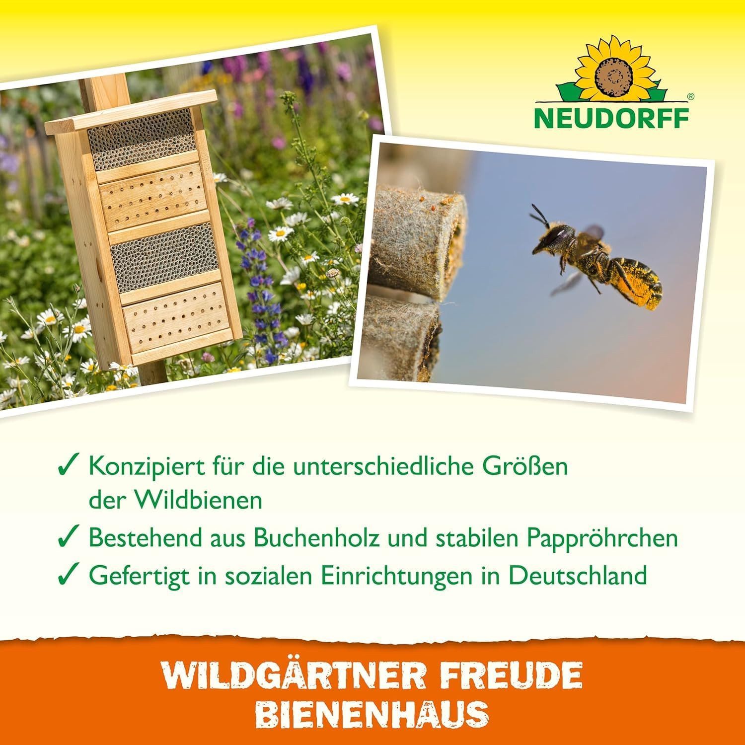 Neudorff Bienenkiste Wildgärtner Freude Bienenhaus – Handgefertigtes Bienenhotel, Einzelprodukt, 1-tlg., wetterfest, Handgefertigtes Wildbienenhaus aus Buchenholz