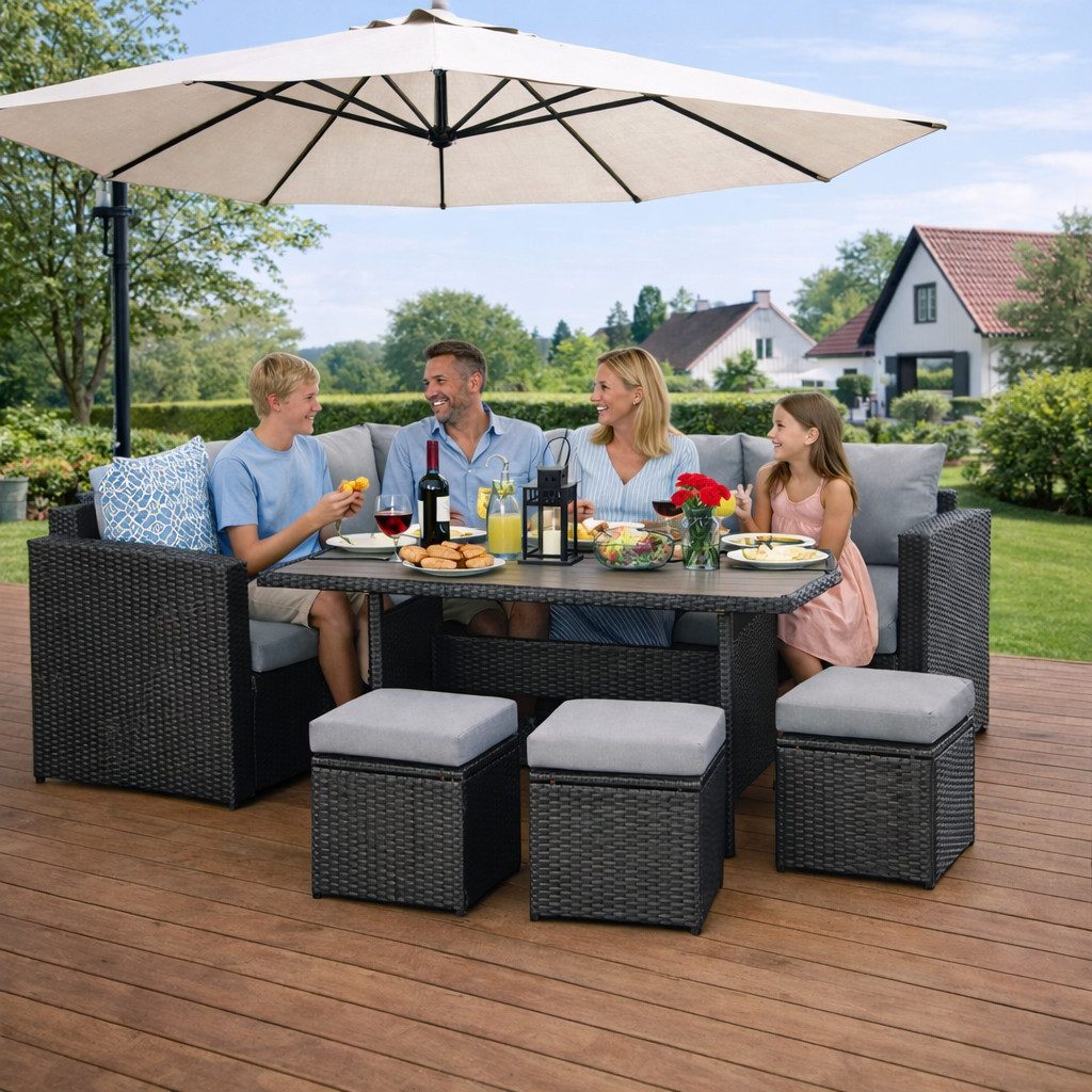 MeXo Loungeset Rattan Gartenmöbel Set 8 Personen Wetterfest, (Esstisch brei günstig online kaufen
