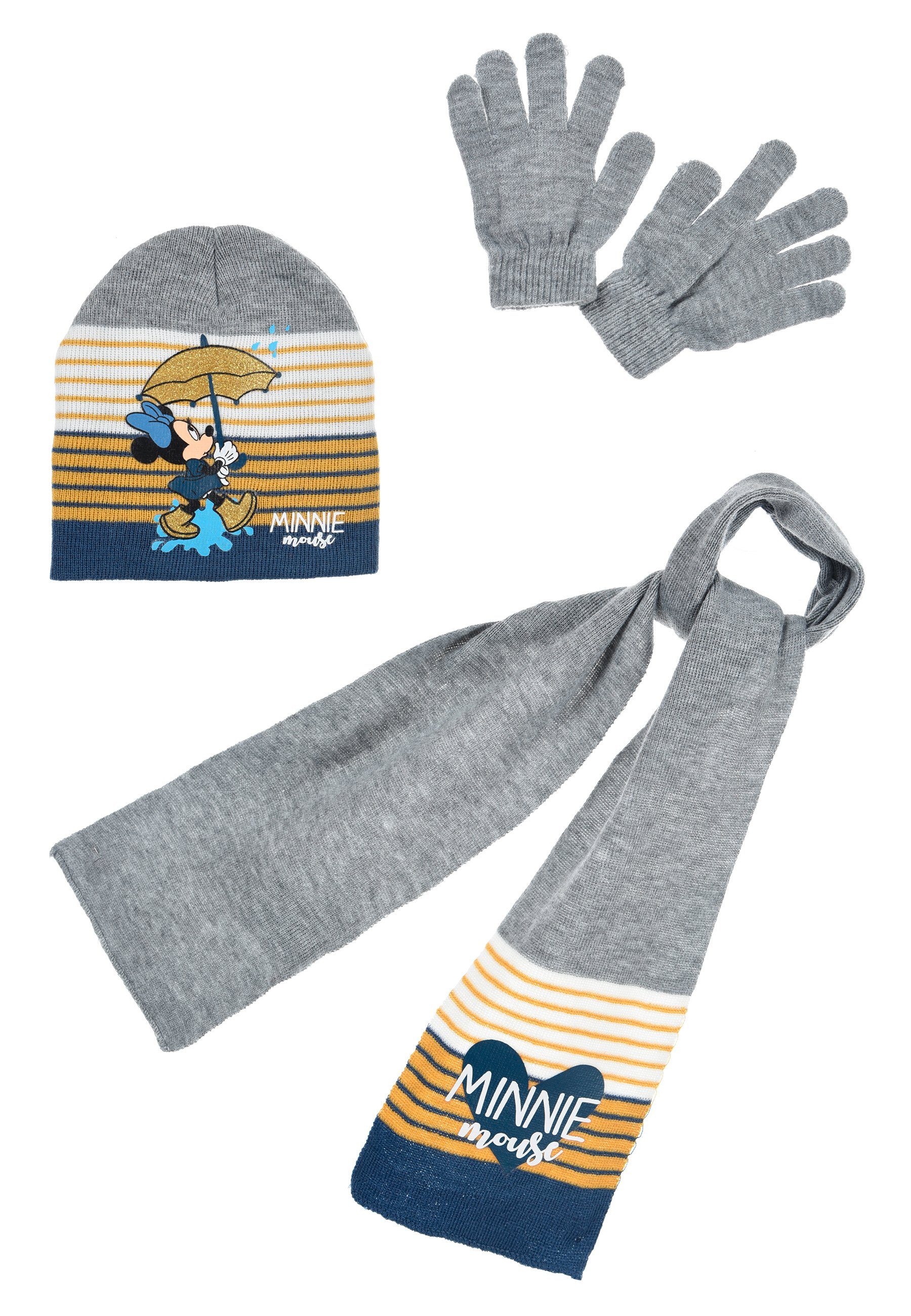 (SET) Mädchen Mouse Handschuhe 3 Beanie & Minnie Schal Disney Winter-Set Kinder Mütze, Grau tlg.