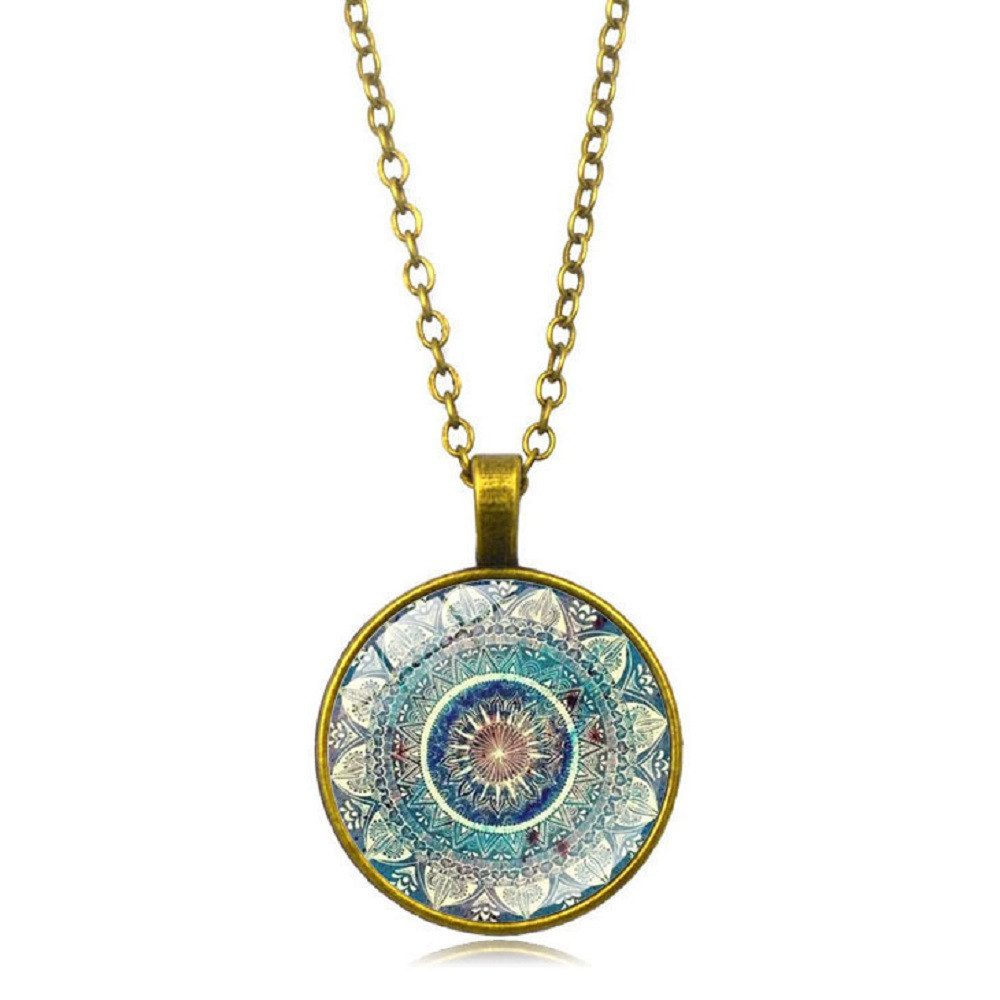 RAIKOU Ohrring und Ketten Set Mandala rund, Boho Vintage Ohrringe/ Kette mit Mandala Muster, Glas Cabochon Ohrhänger 2,8 cm