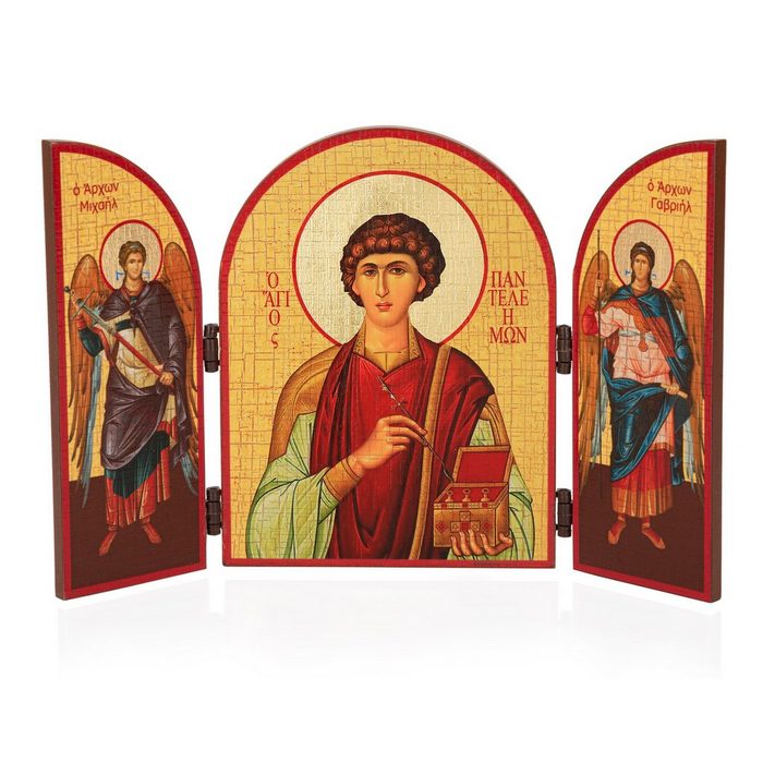 NKlaus Holzbild Heiliger Pantaleon Triptychon Holz Ikone 25x16cm c