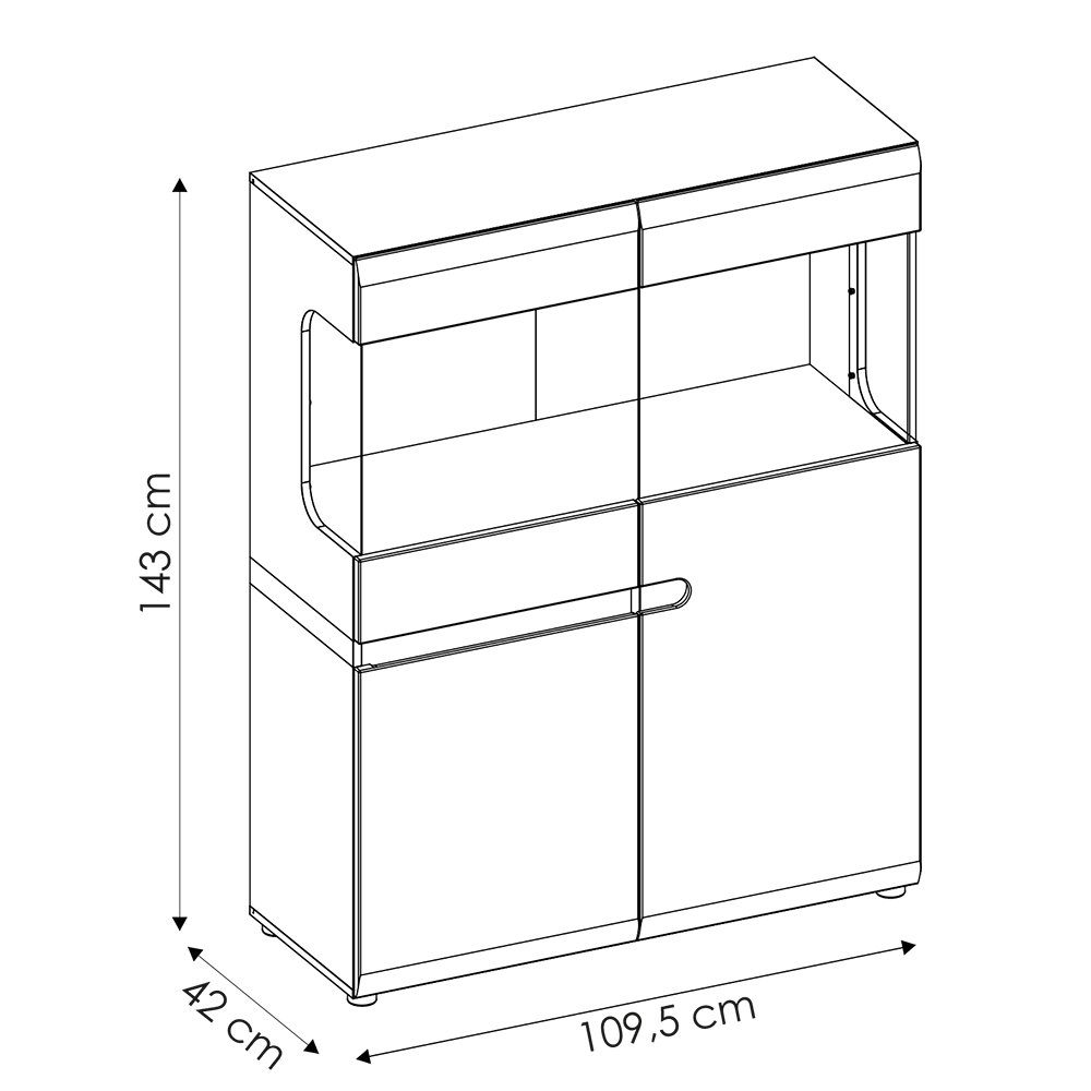 ca. Hochglanz 109,5/143,5/42 mit LEGNICA-129 Beleuchtung, weiß mit Lomadox Nb., Eiche Vitrine cm