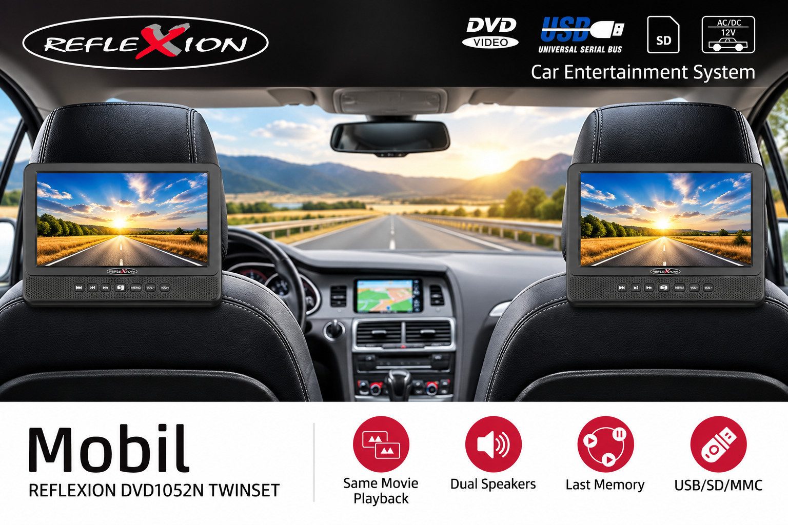 Reflexion DVD1052N Portabler DVD-Player (Akku, USB, 12V Auto-Adapter, 230V Netzteil, inkl. Kopfstützenhalterung) – Bild 2 von 5