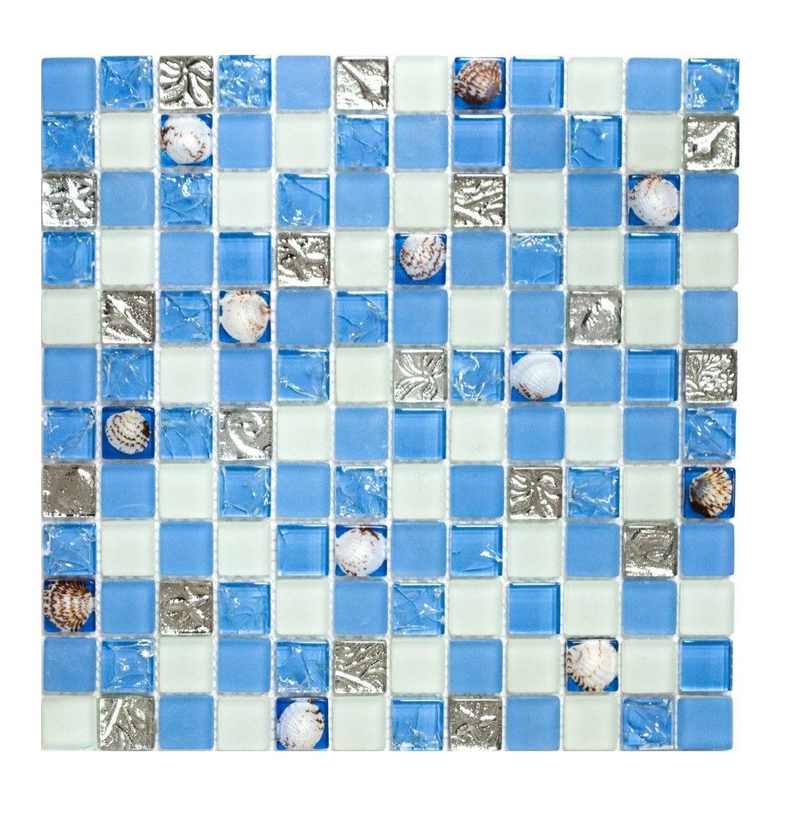 Mosani Mosaikfliesen Muschelmosaik Mosaikfliesen weiss matt blau silber Glasmosaik