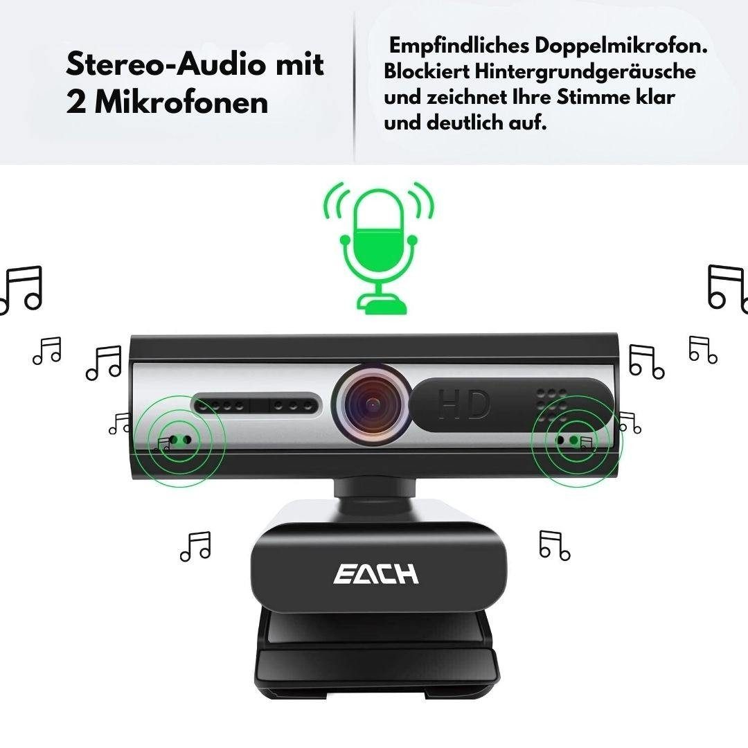 EACH Full HD-Webcam (Full HD, 1x opt. Zoom, 4-fach digitaler Zoom, Autofokus & Weitwinkelobjektiv, Auto Lichtkorrektur & dualen Noise Cancelling)