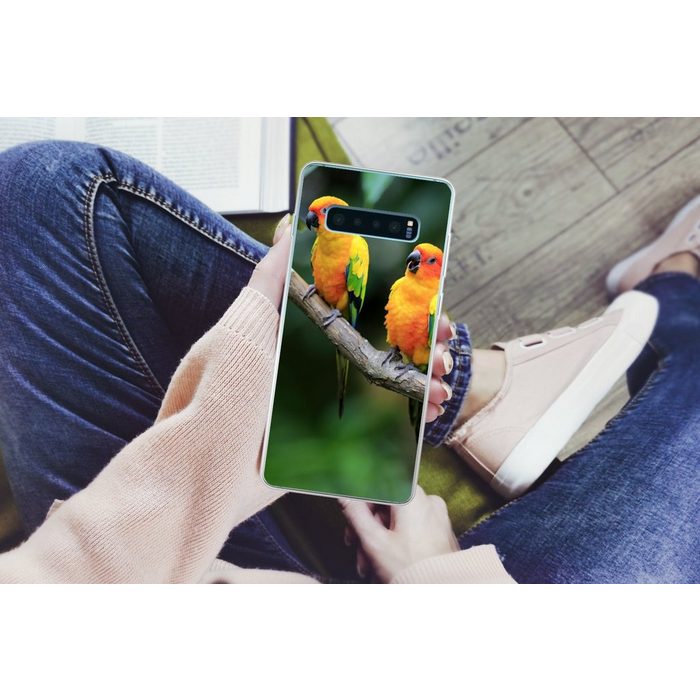 MuchoWow Handyhülle Zwei Sonnensittiche im Grünen Phone Case Handyhülle Samsung Galaxy S10+ Silikon Schutzhülle FN11509