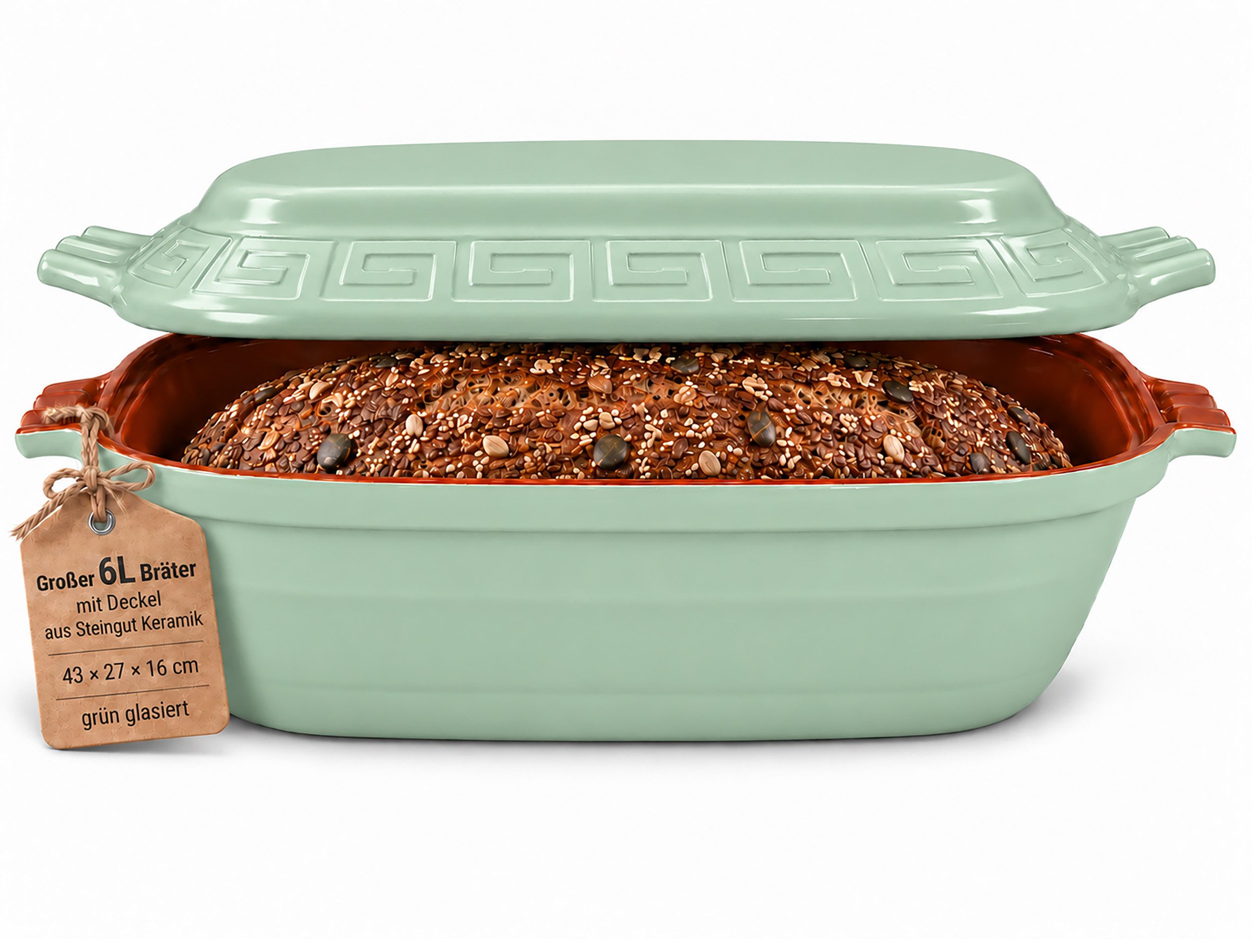 KERAZO Brotbackform großer 6L Keramik Bräter + Deckel Brottopf Auflaufform 43x27x16cm grün, Viel Platz für große Brote, saftige Braten & Familienportionen