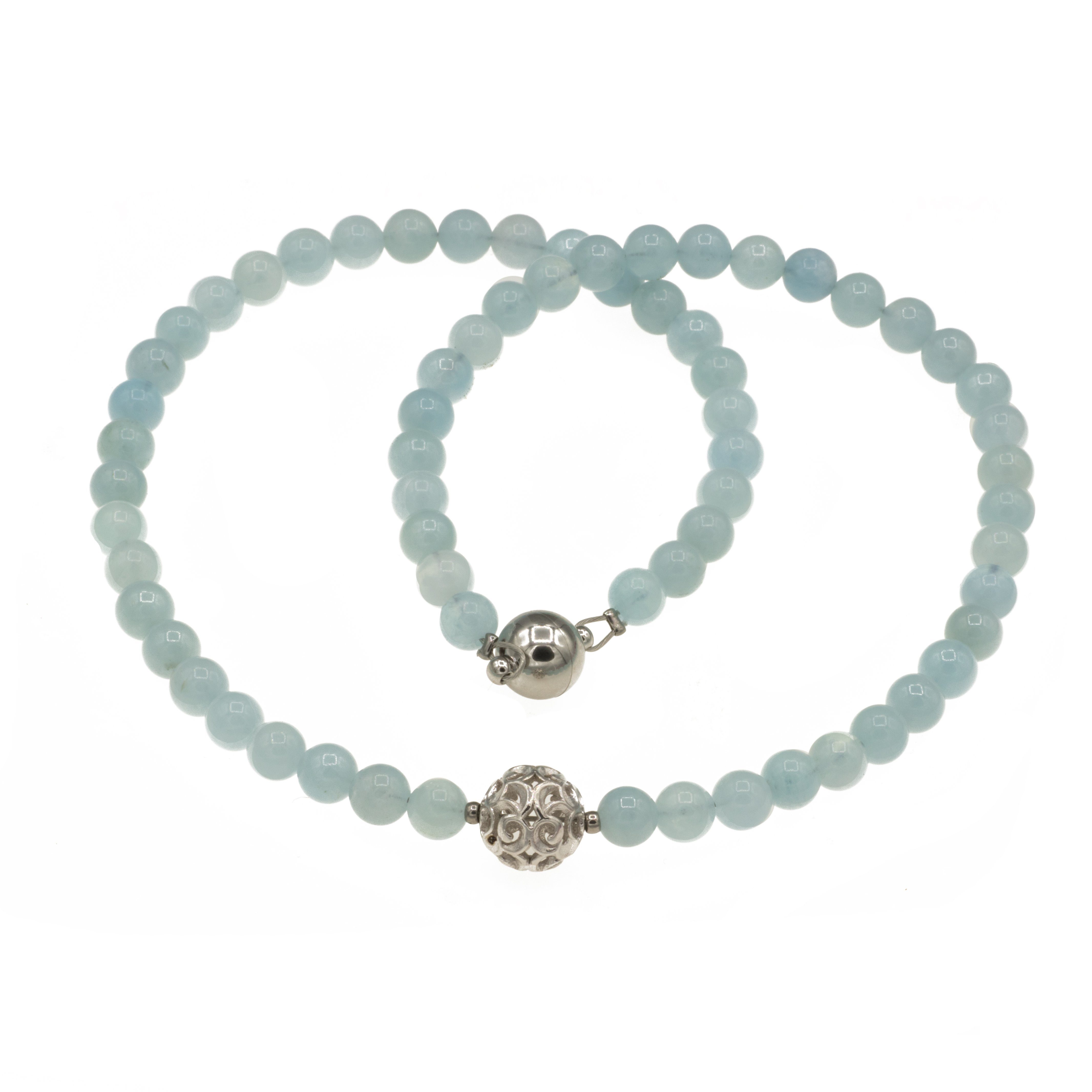 Bella Carina Perlenkette Kette mit 6 mm Aquamarin Perlen und Silberperle, mit einer Perle aus 925 Silber